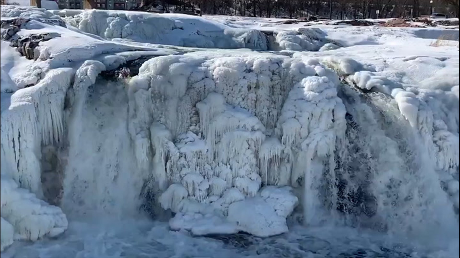 Frigid temperatures partially froze this waterfall at Falls Park in Sioux Falls, South Dakota, on Feb. 14.