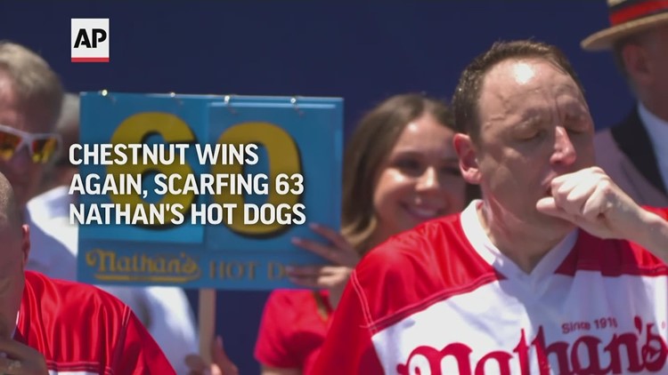 Joey Chestnut wins again, scarfing 63 Nathan's hot dogs