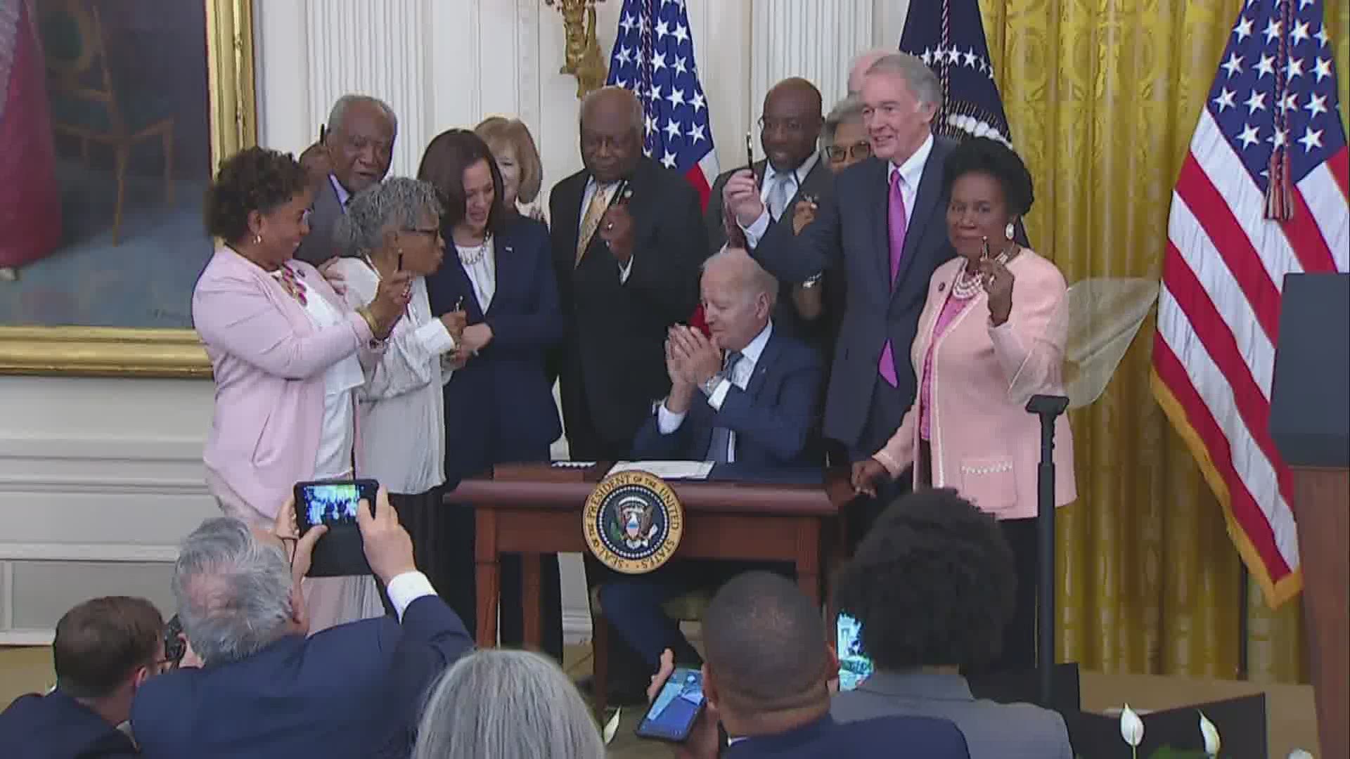 Texas "Grandmother of Juneteenth" Opal Lee was at President Biden's side when he signed the bill making June 19 a federal holiday. He gave her one of the pens used.