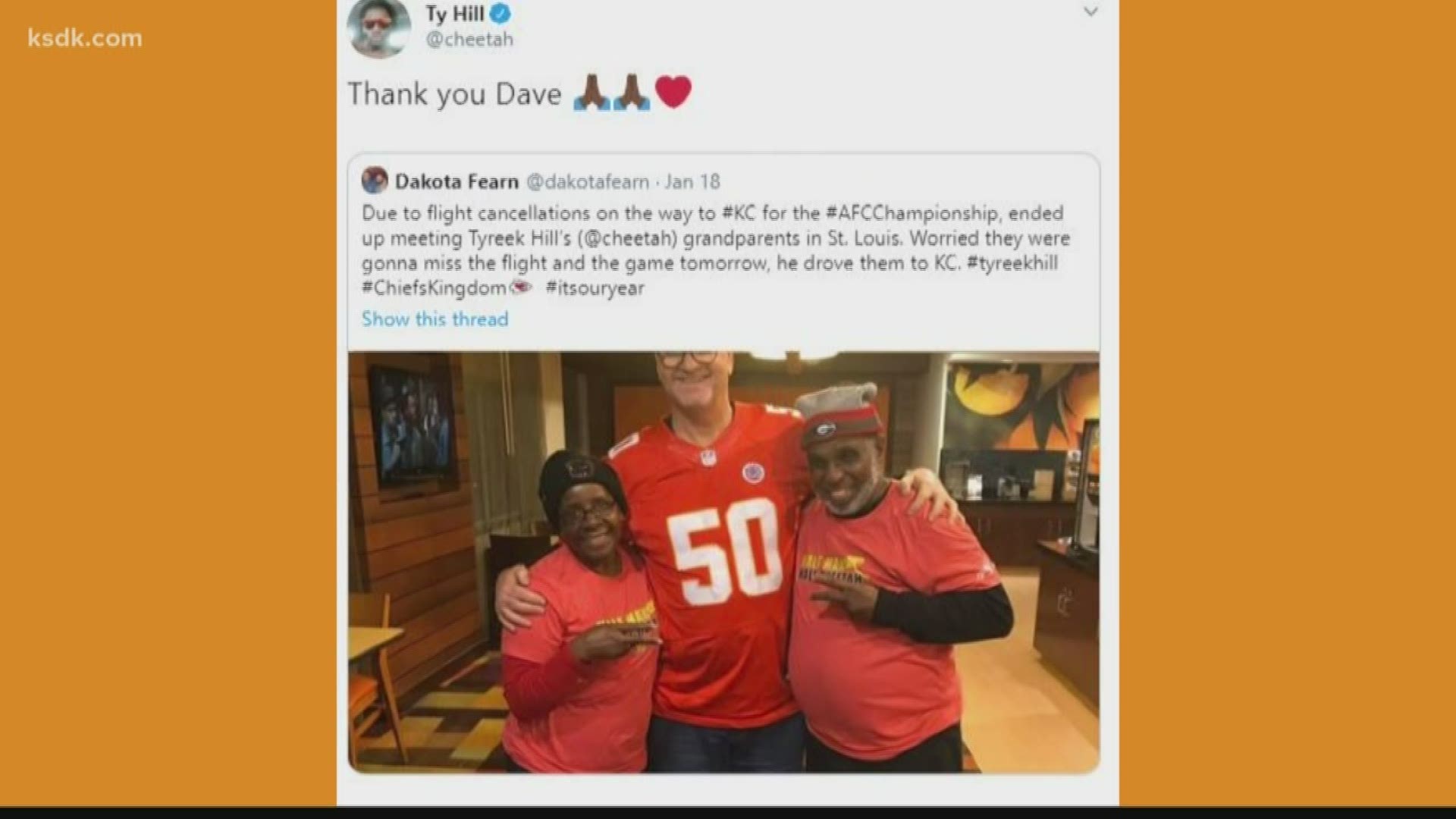 Dave Fearn did what any dedicated Chiefs fan would do. He drove Tyreek Hill's grandparents across Missouri so they could watch him in the AFC Championship game.