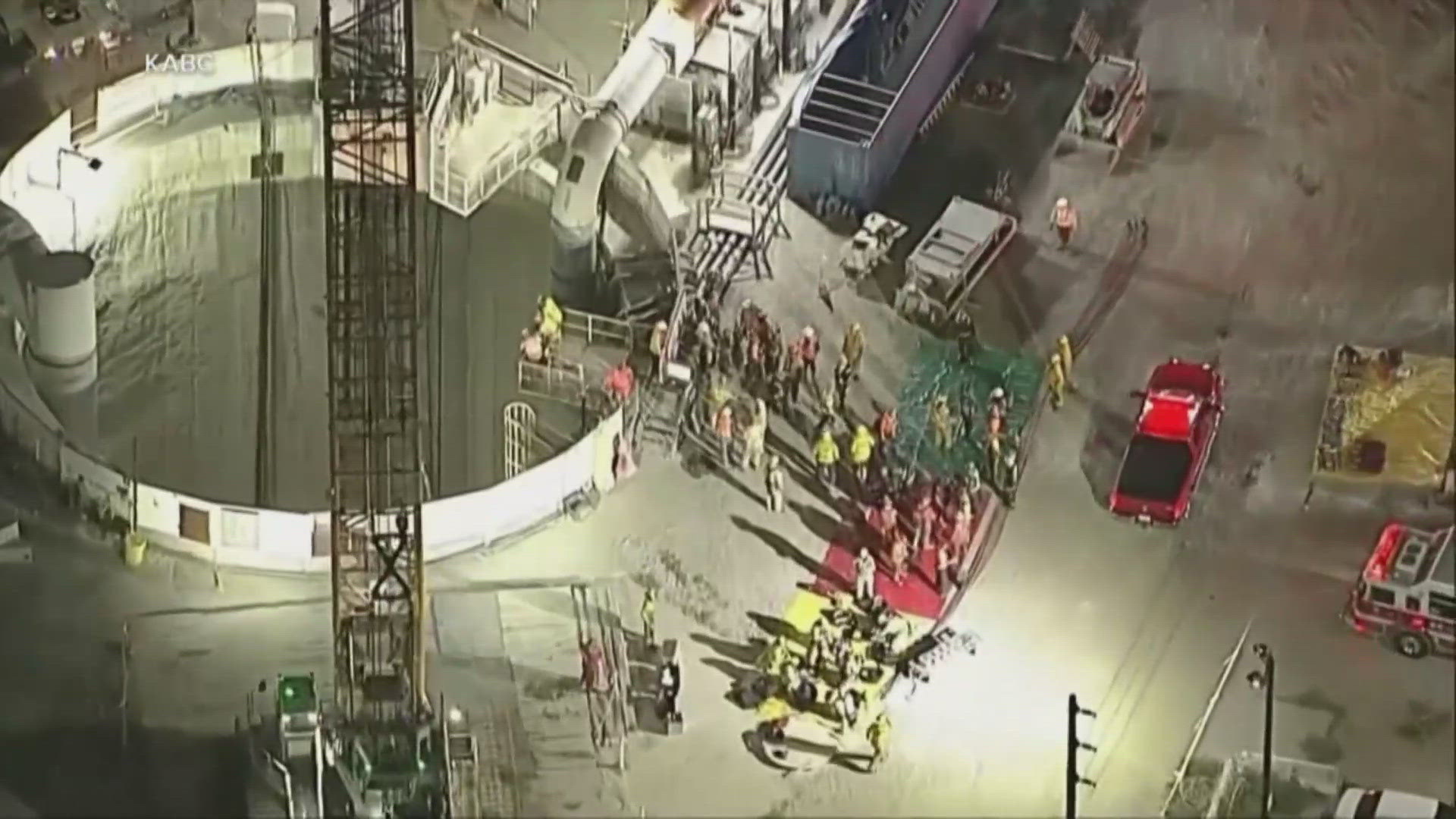 All 31 construction workers who were far inside a huge industrial tunnel in Los Angeles made it to safety after a portion of it collapsed Wednesday evening. (AP)