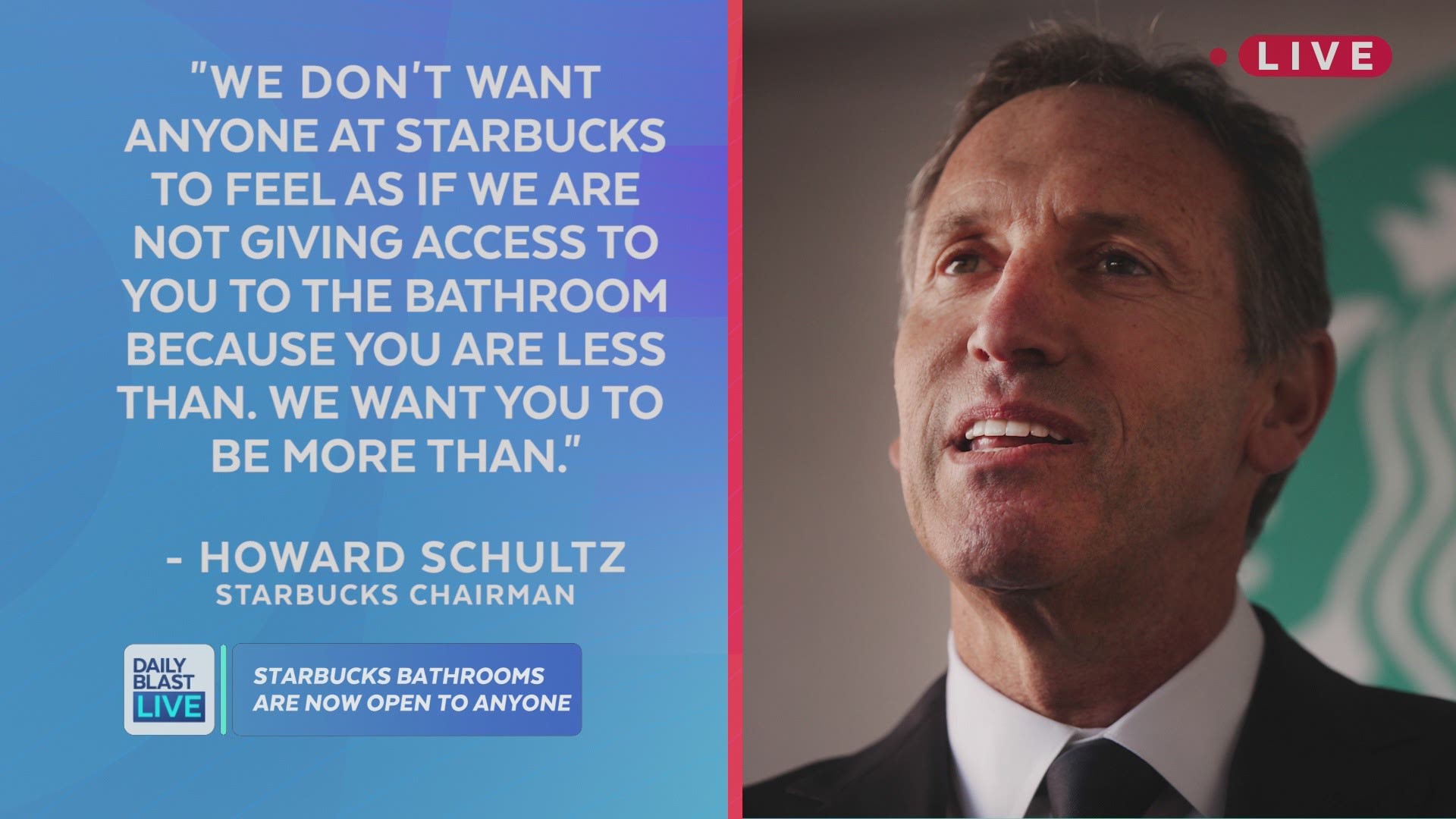 A major change is coming to your local coffee stop. In the wake of the controversy surrounding the two black men arrested in Philadelphia, Starbucks is opening up restrooms to everyone. Howard Schultz announced the new policy saying, "We don't want anyone