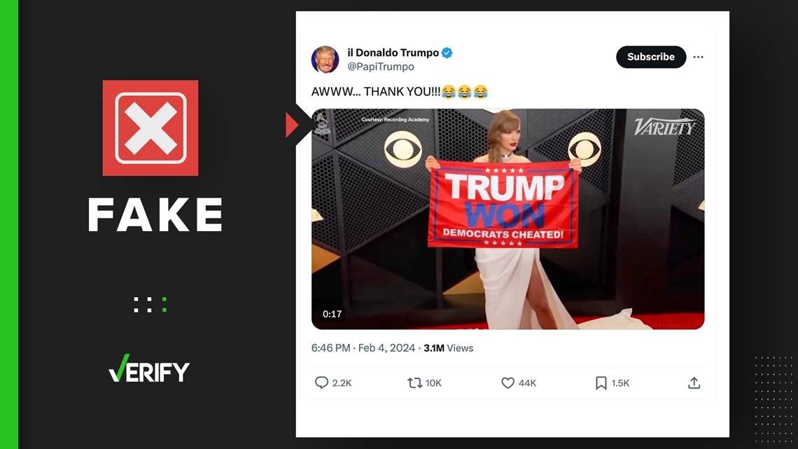 Taylor Swift did not hold ‘Trump won’ flag at 2024 Grammys | 13newsnow.com