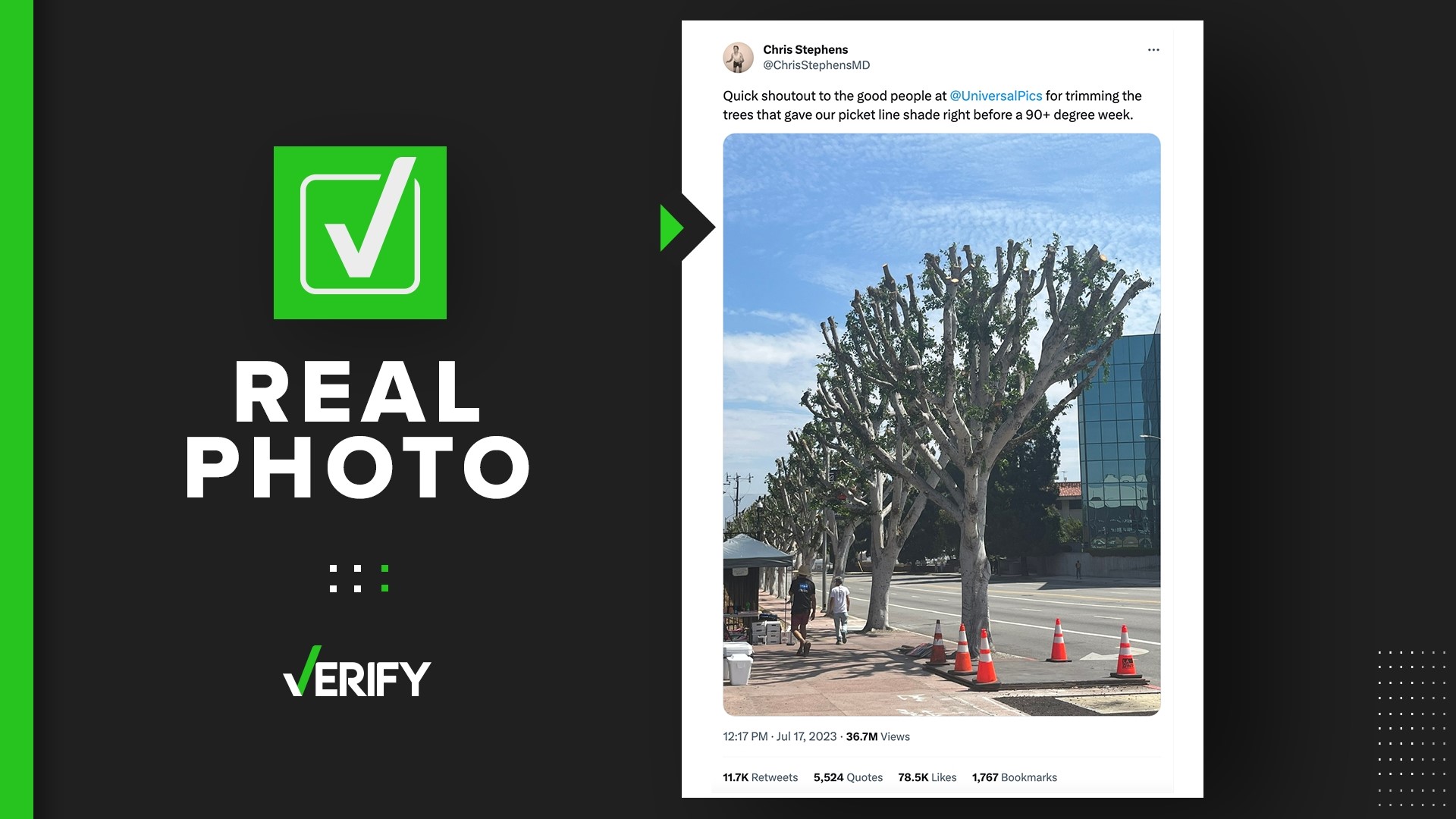 A viral photo of trees outside NBCUniversal in Los Angeles is real. Where the trees were trimmed is the area where WGA and SAG workers are on the picket line.