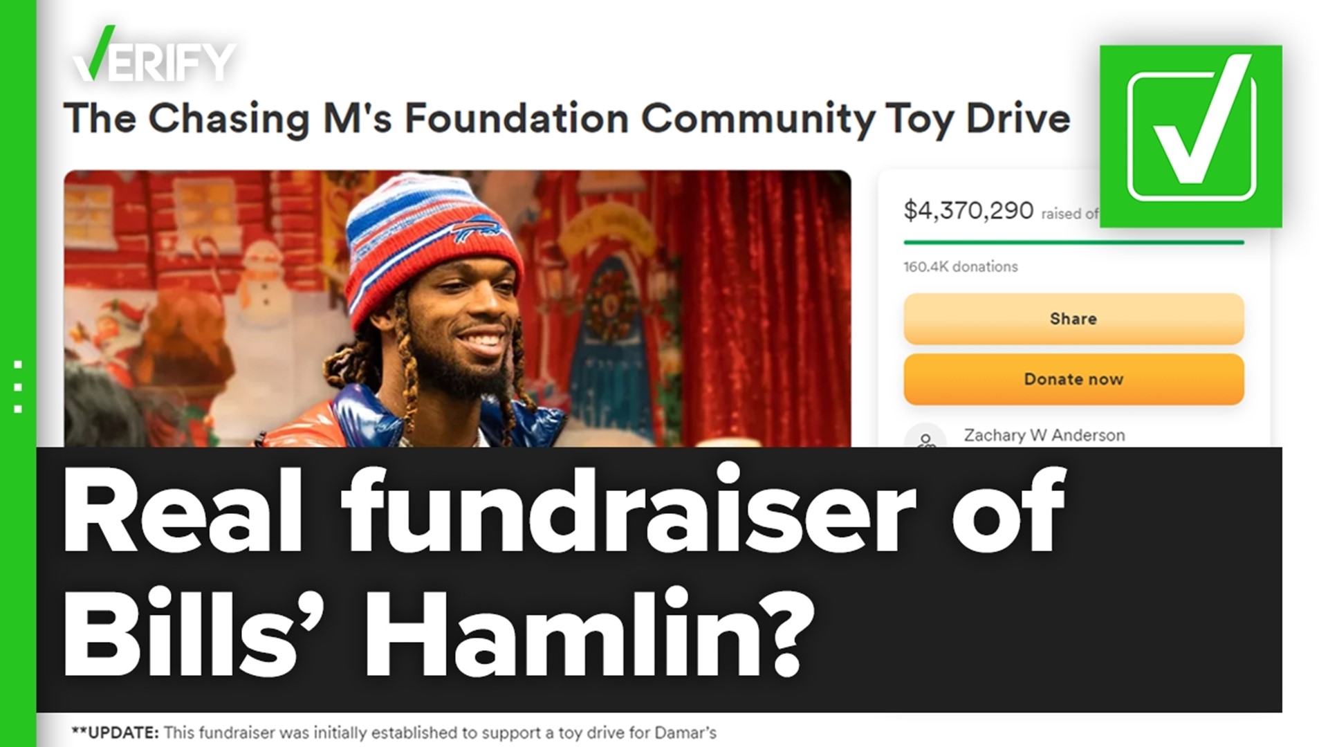 Buffalo Bills Safety Damar Hamlin's GoFundMe Toy Drive Surpasses