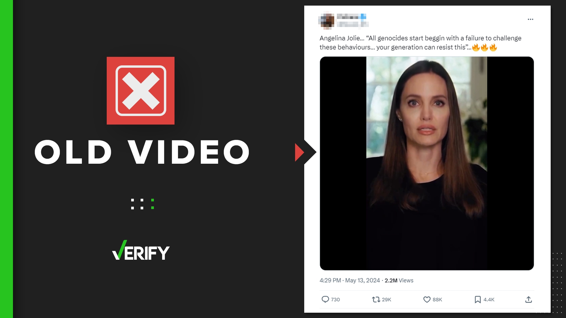 A three-year old video of Angelina Jolie talking about the Bosnian war is being misrepresented as her supporting Palestinians.