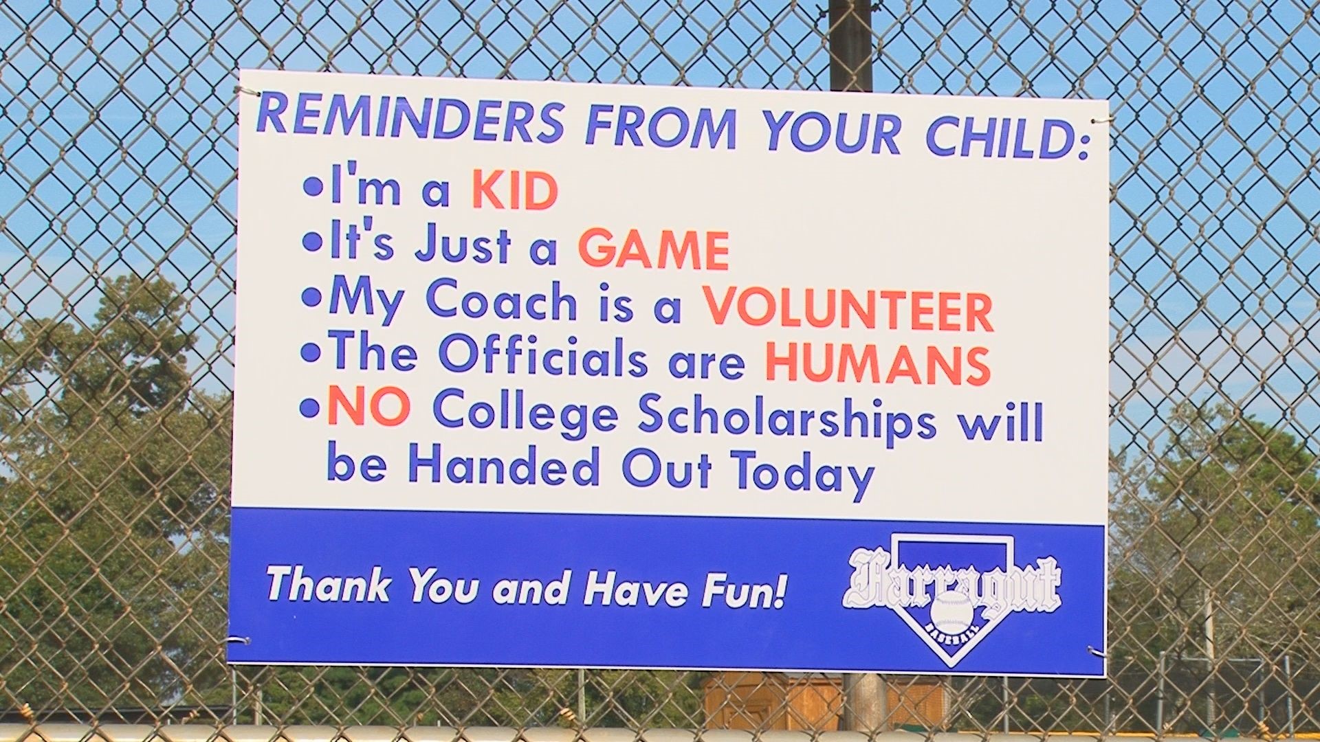 Baseball league signs remind parents 'it’s just a game' | 13newsnow.com