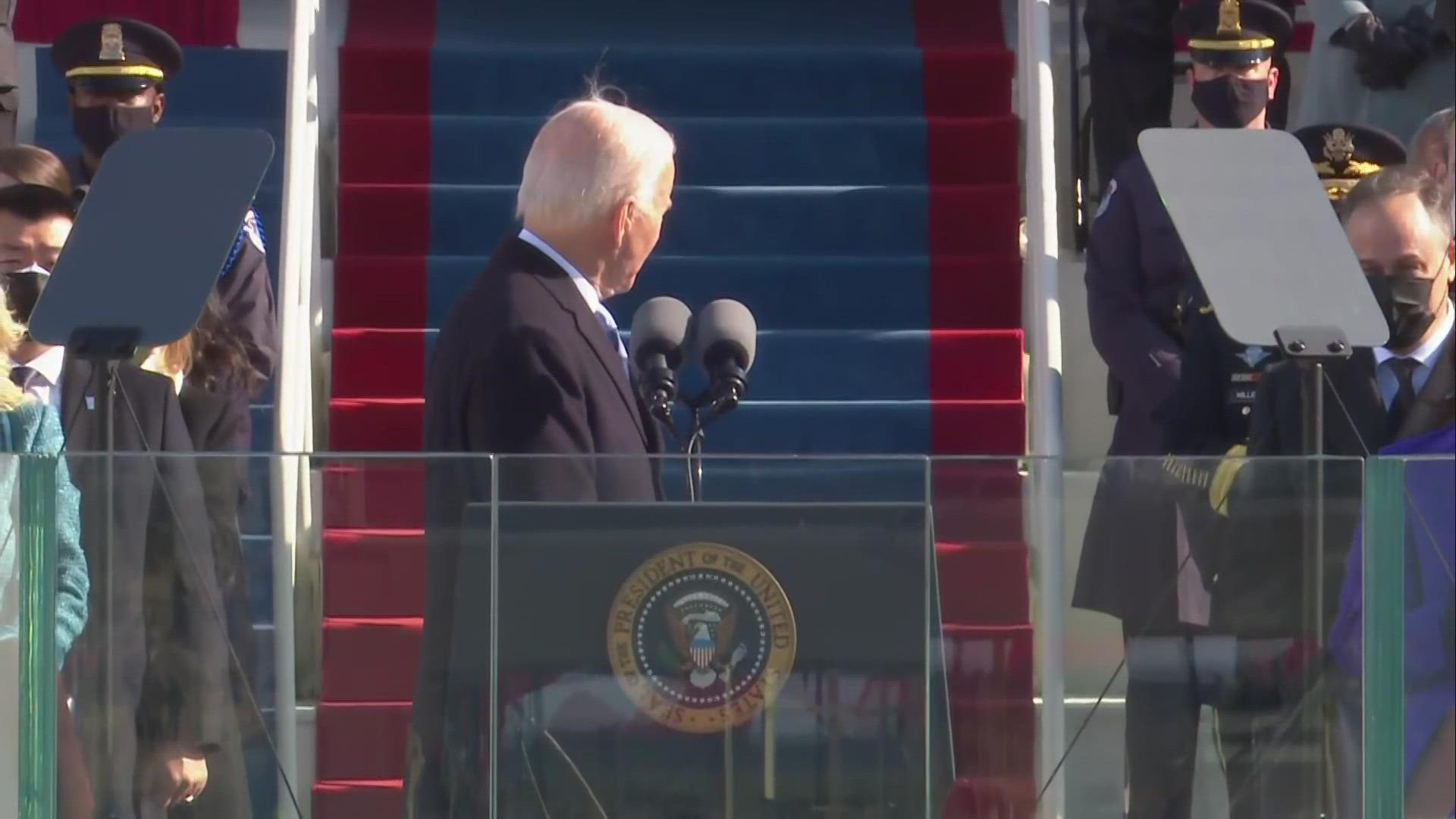 President Joe Biden gives his inaugural address.