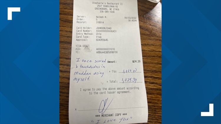 Former NFL star leaves $1,000 tip at North Carolina restaurant