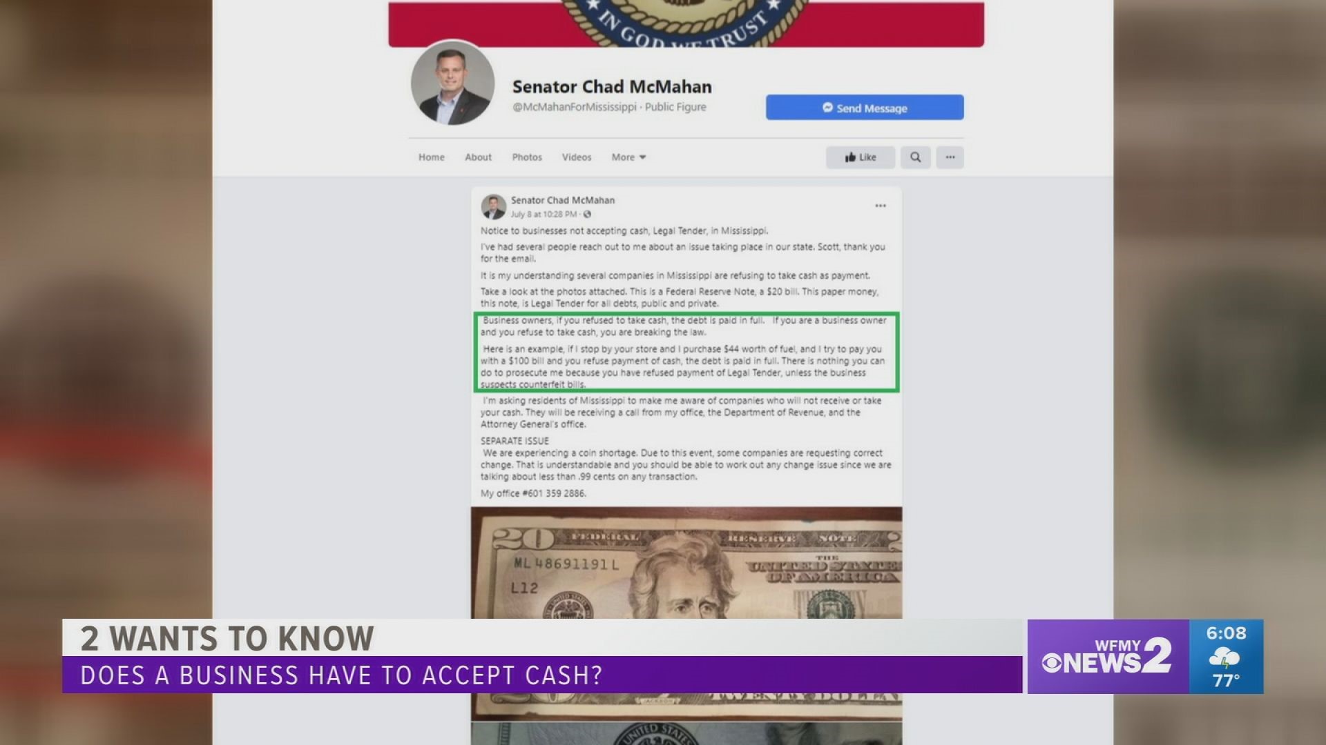 Senator Chad McMahan posted the claim on Facebook. AG Josh Stein says stores can turn away cash, but they should have signs saying so.