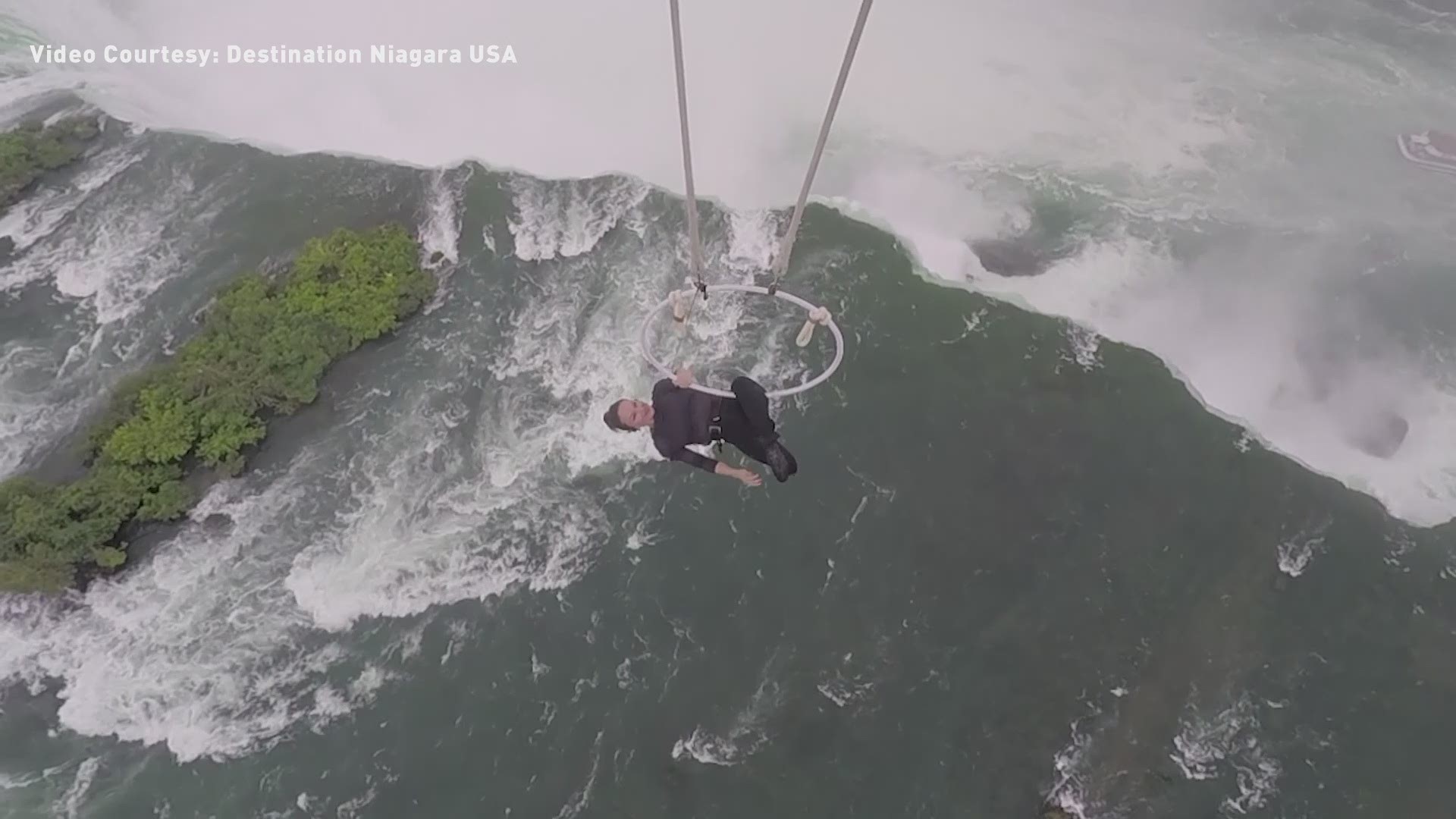 Video from the helicopter captures Erendira Wallenda hanging from her teeth and toes above Niagara Falls. Video Courtesy: Destination Niagara USA