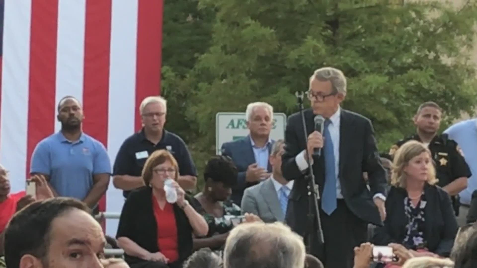 The chant continued to gain steam even as the governor kept on with with his prepared remarks, and grew so loud no one could hear him by the time he was finished. Mayor Nan Whaley had to quiet the crowd.