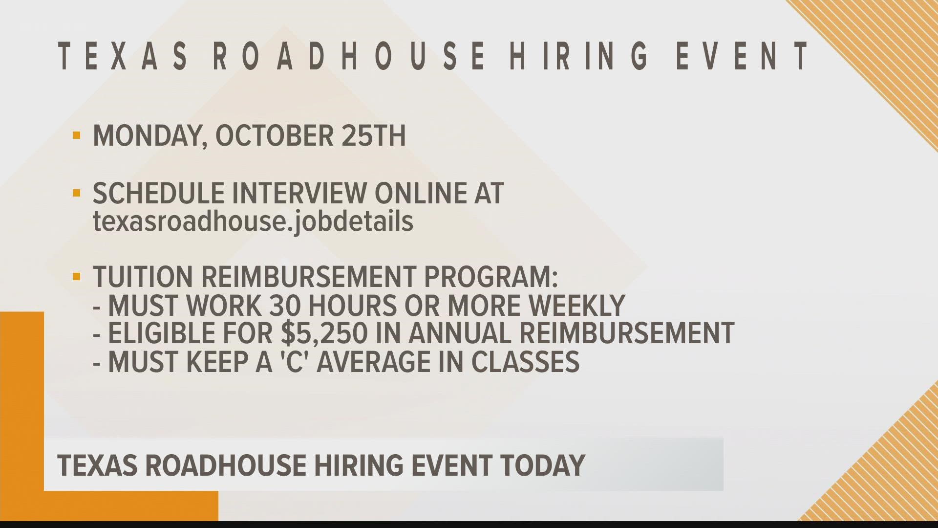 Columbia Texas Roadhouse locations will host a hiring event on October 25 to fill both full and part-time positions.