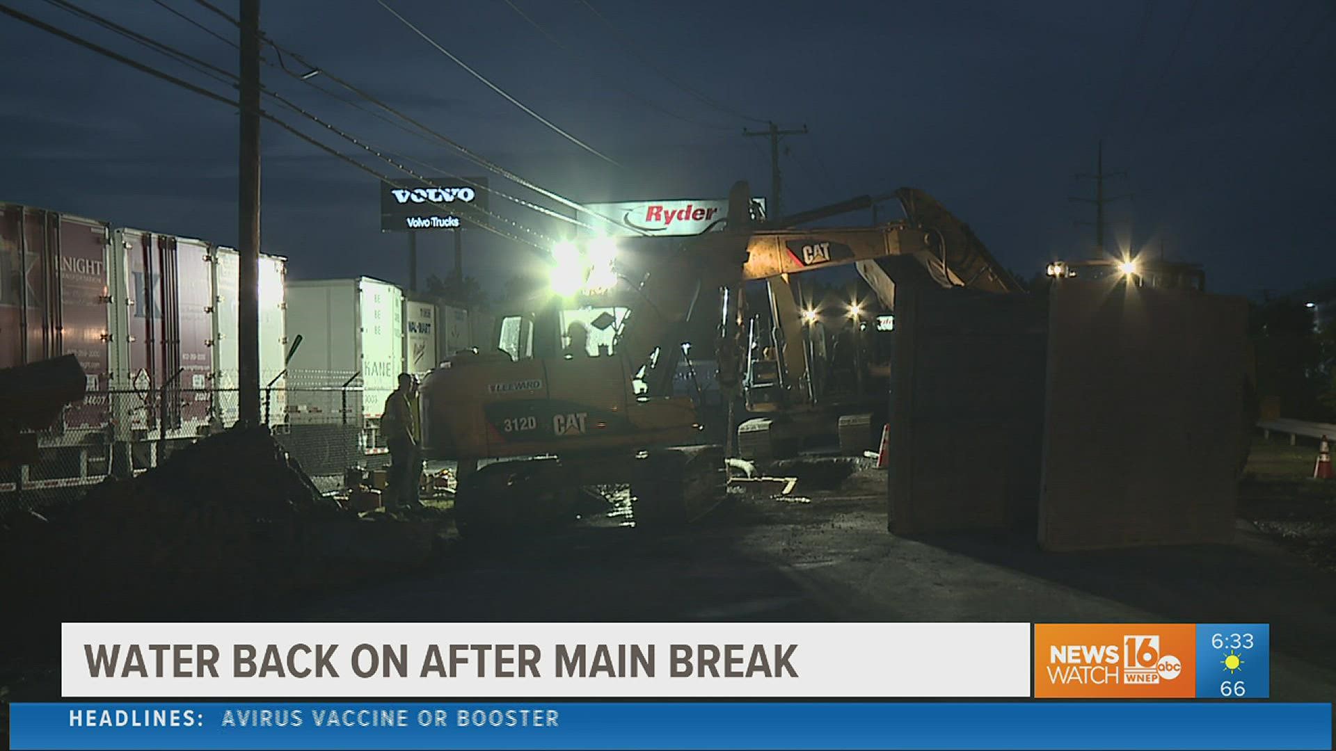 According to Pennsylvania American Water, repairs on the broken water main in Lackawanna County were completed overnight, and service is getting restored.