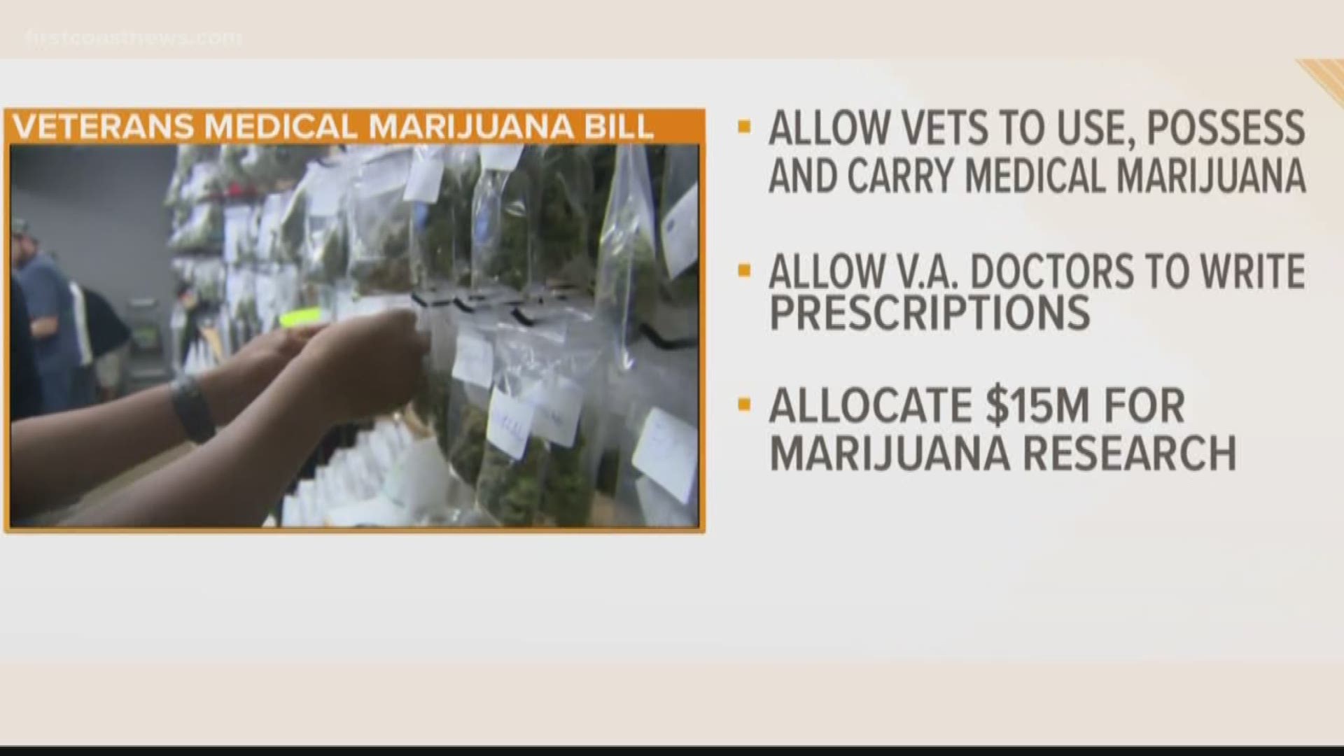 If passed, it would also allocate $15 million in funding to research the effects marijuana has on veterans.