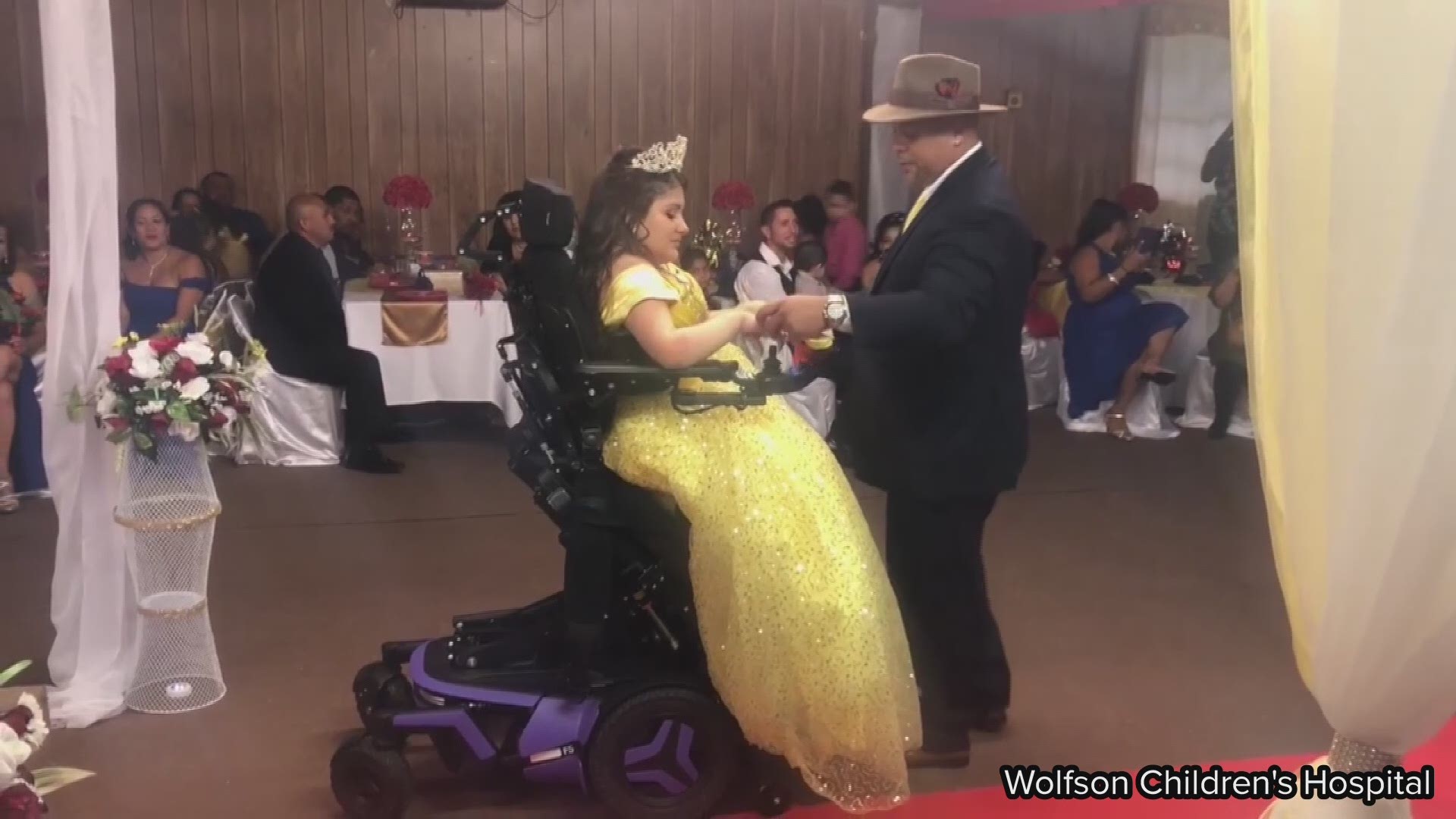 Yanira Guzaman wore a bright yellow dress and crown as she stood for the first time and danced with her father at her quinceañera.

The 15-year-old has spina bifida, but during her "Beauty and the Beast" themed party, she was able to stand up and dance thanks to a new power chair and physical therapy.