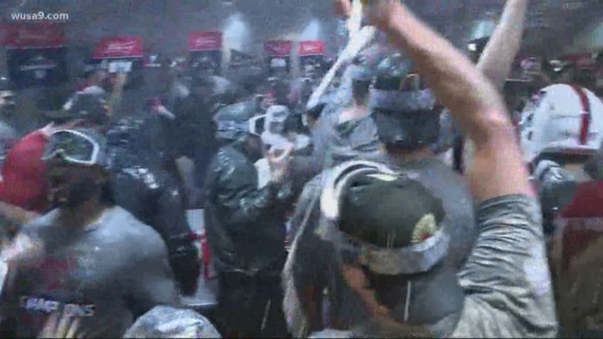 The Washington Nationals won the World Series championship against the Houston Astros. They celebrated with a champagne shower in the locker room!