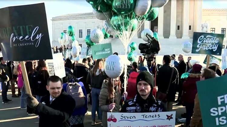 Protesters gather at Supreme Court as graphic designer case begins