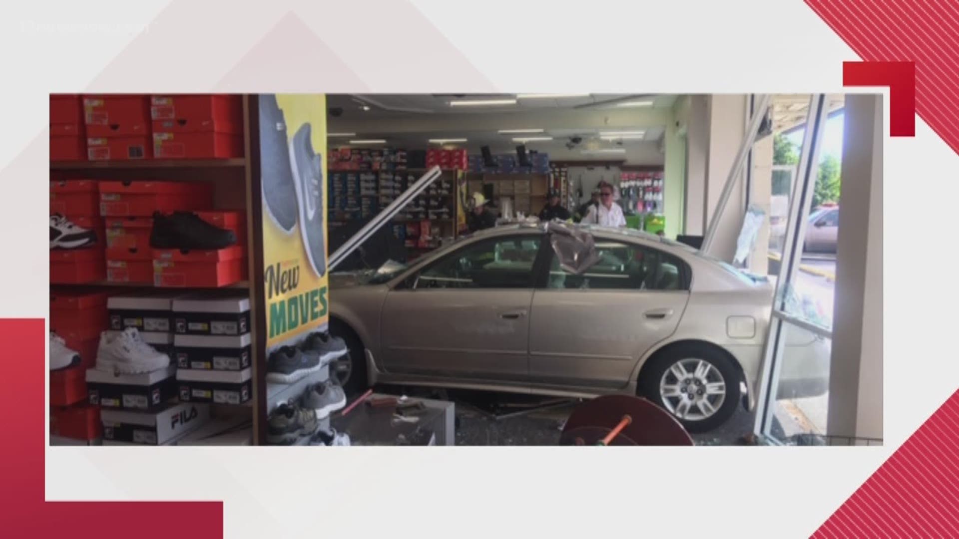 Suffolk police said a woman drove her car through the Shoe Dept. on North Main Street. The driver was not injured, but two store employees were injured.