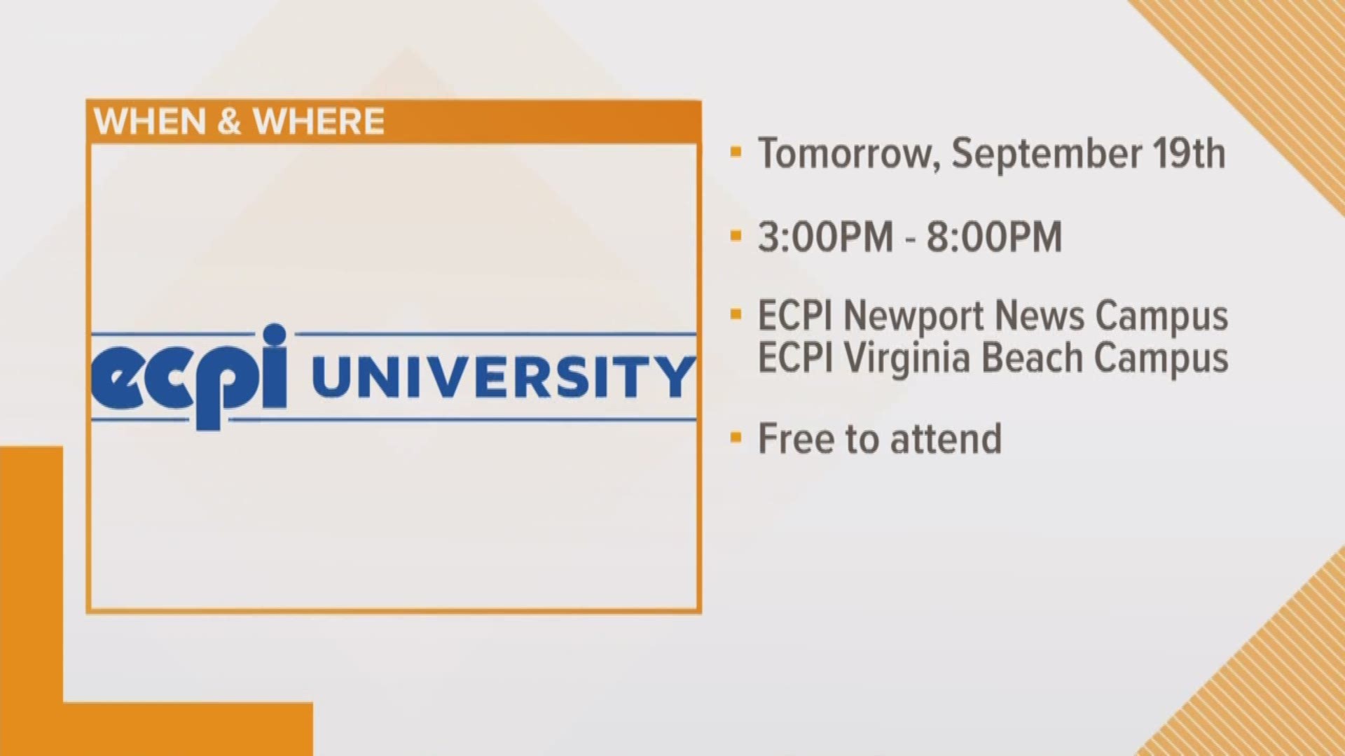 ECPI is hosting multiple Military & Veterans Community Day events at its Newport News and Virginia Beach campuses. The events are free and open to active military personnel, veterans, family members and current students. Military members and families can ask questions about education and courses at the school.