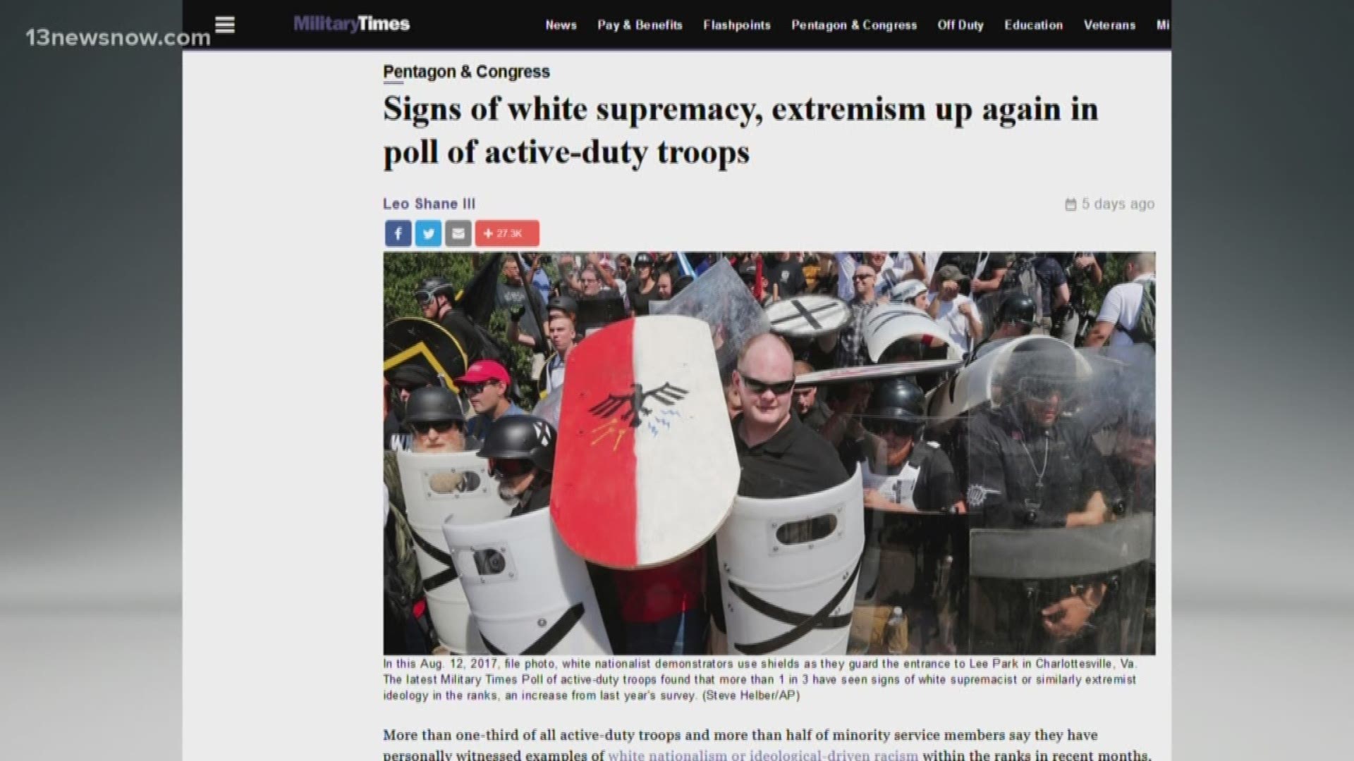 36 percent of active troops in Military Times poll say they've evidence of white supremacy ideologies.