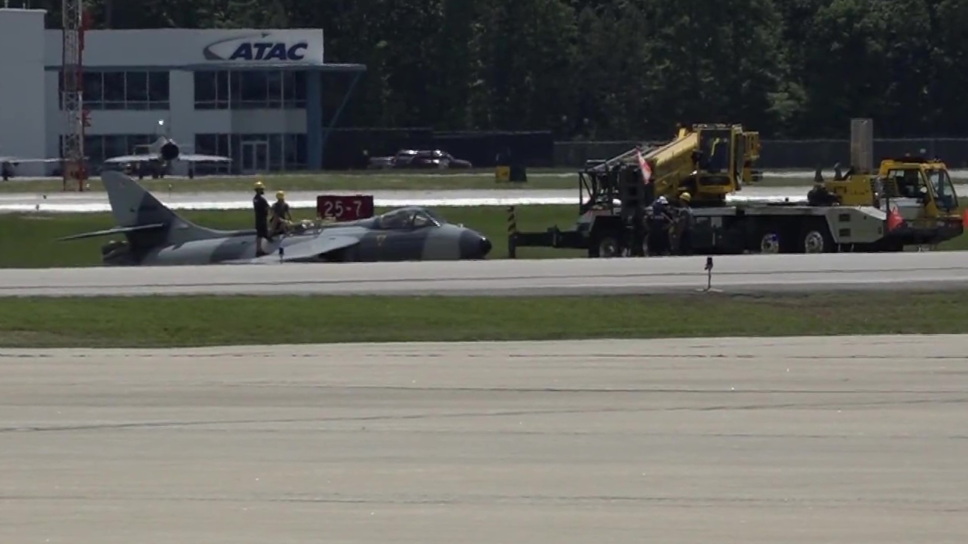 An Airborne Tactical Advantage Company (ATAC) jet went off the runway during an emergency landing at Newport News/Williamsburg International Airport on Thursday morning.