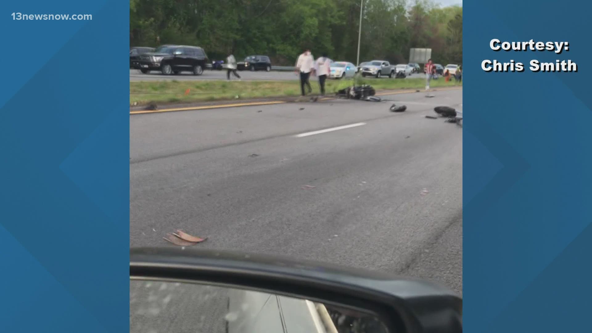 Virginia State Police said eight motorcycles were speeding on Interstate 264, weaving in and out of traffic when a crash occurred Saturday evening.