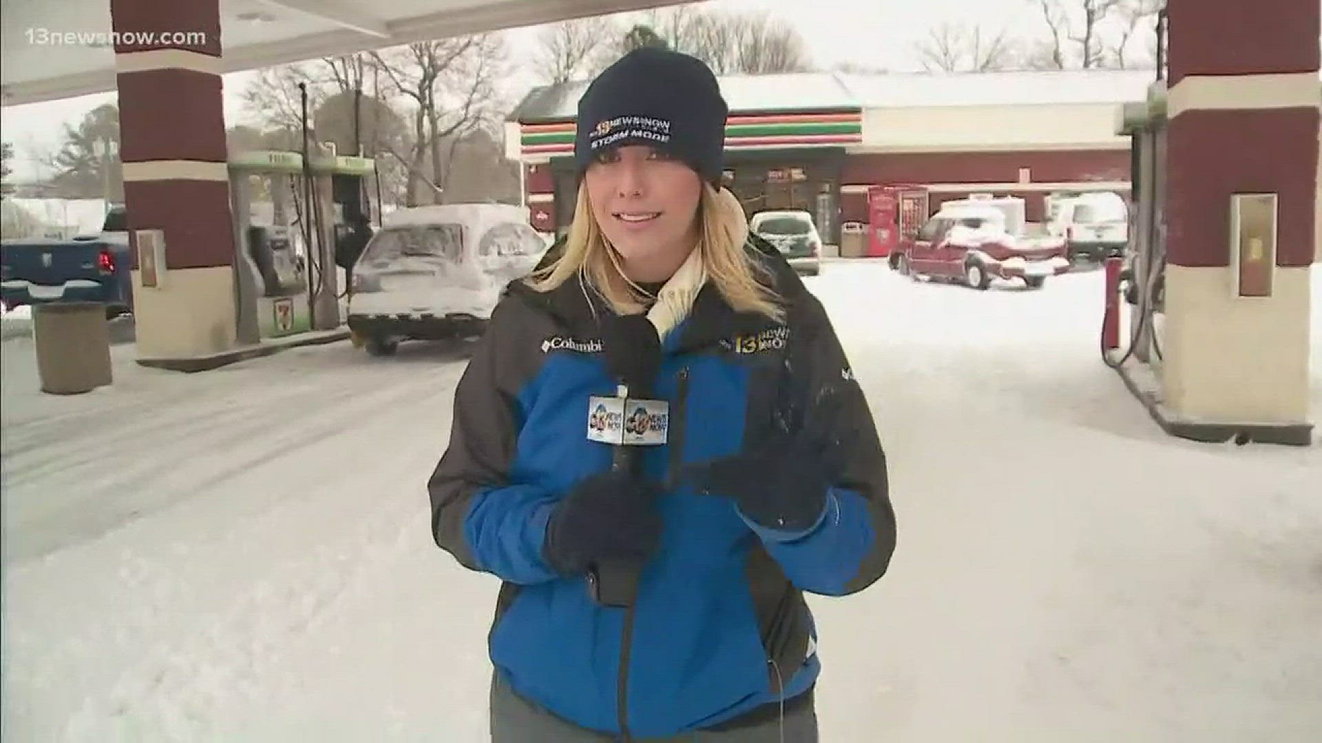 13News Now reporter Ali Weatherton is at a Chesapeake 7-Eleven that is still open, despite the frozen road conditions as a winter storm bears down.