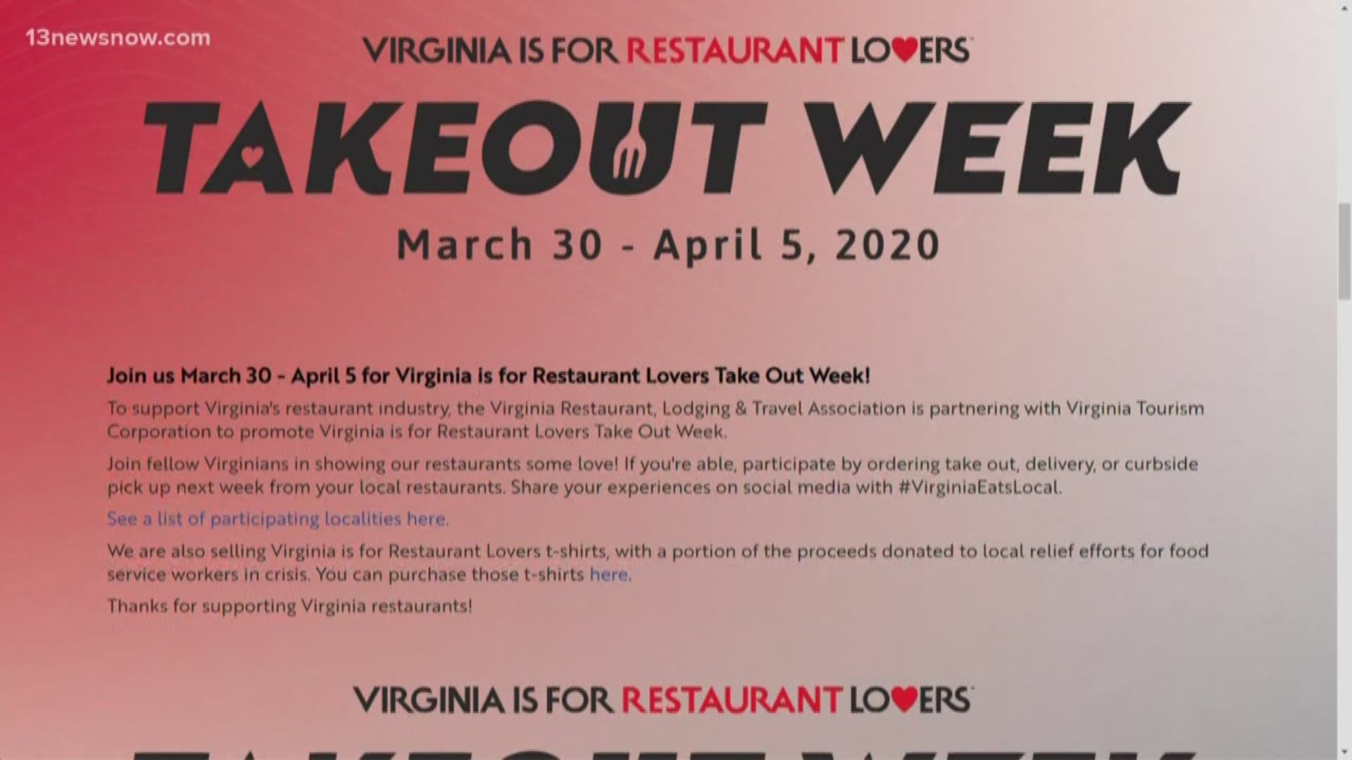The Virginia is for Lovers Restaurant Takeout Week runs from March 30 - April 5, 2020.