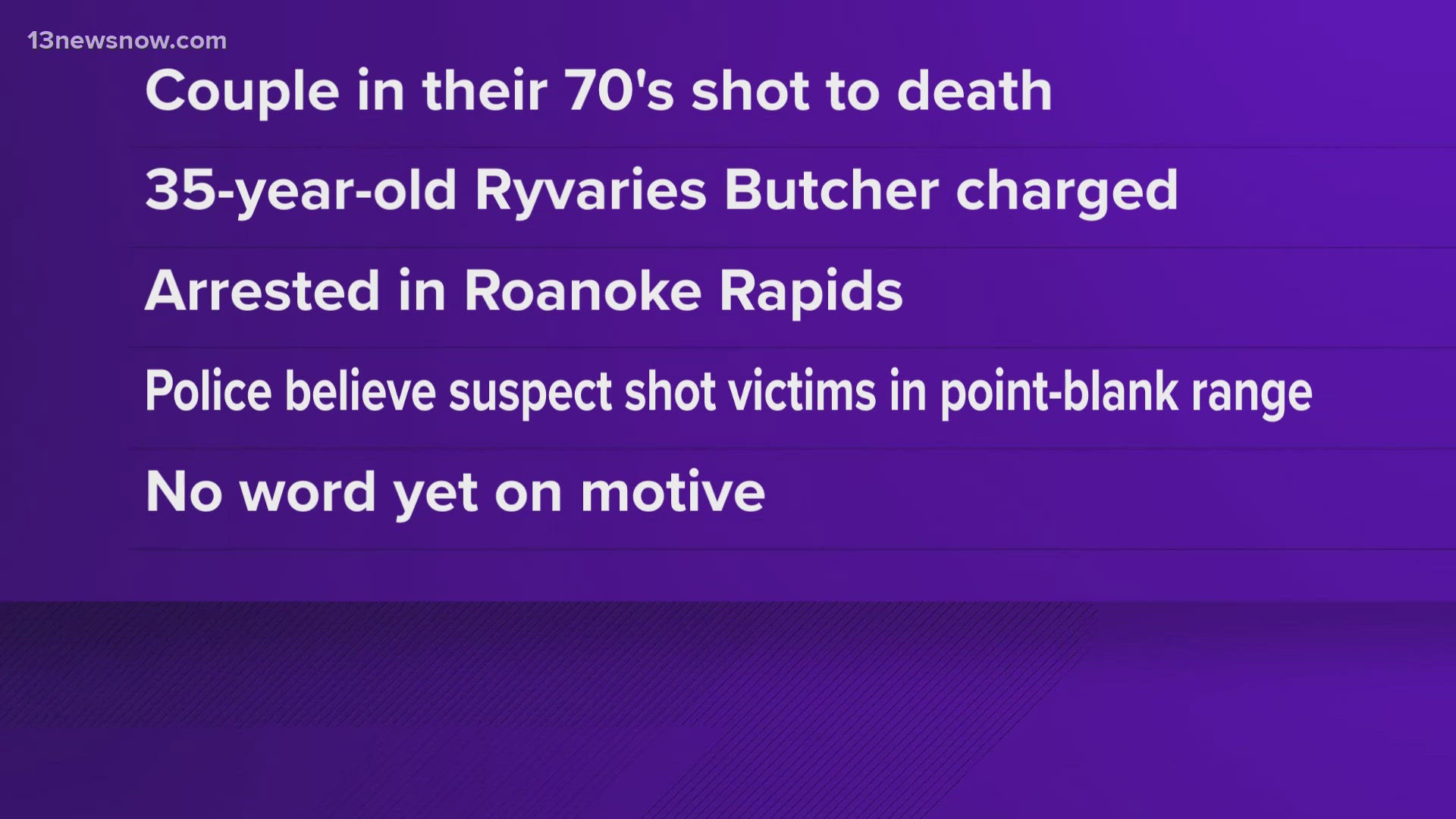 35-year-old Ryvaries Butcher was arrested in Roanoke Rapids in connection to the crime, of which the motive is currently unknown.