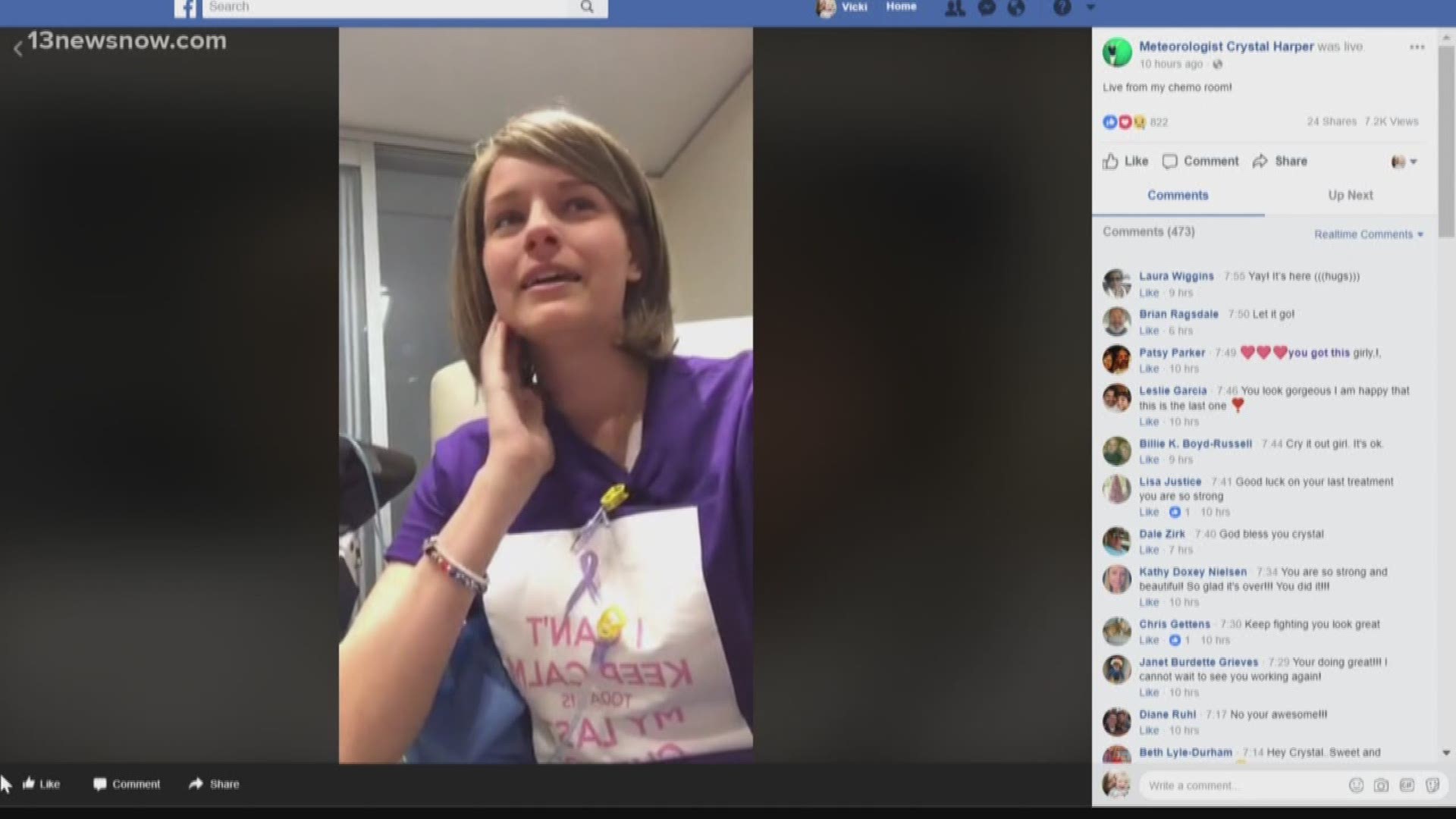 To celebrate her 12th and final round of chemo, 13News Now Meteorologist Crystal Harper went live on Facebook!