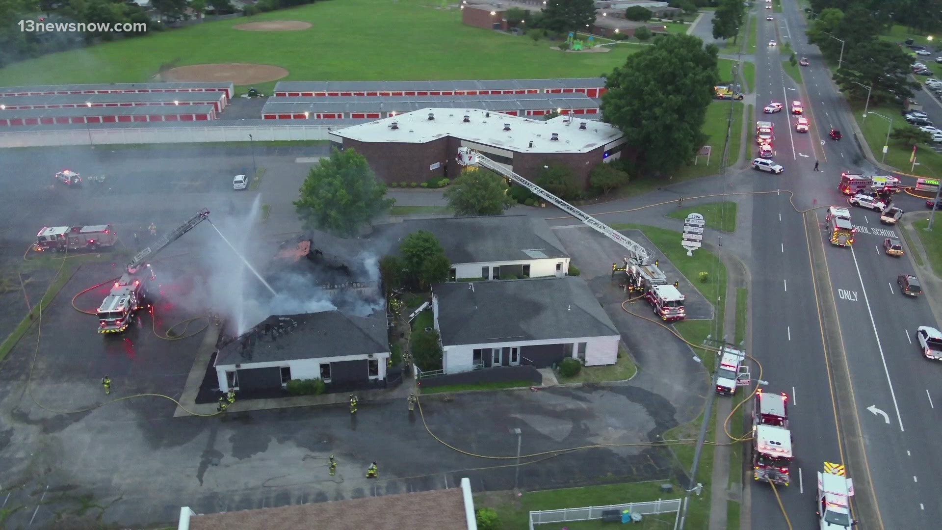 Officials say all nearby businesses were closed when the blaze ignited near Holland Road and Lynnhaven Parkway.