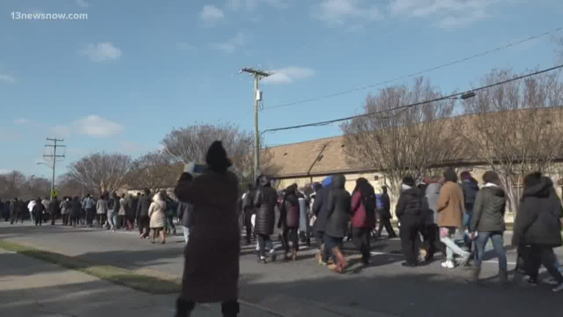 Students from Hampton University braved the cold to march as an observance for Reverend Dr. Martin Luther King, Jr.