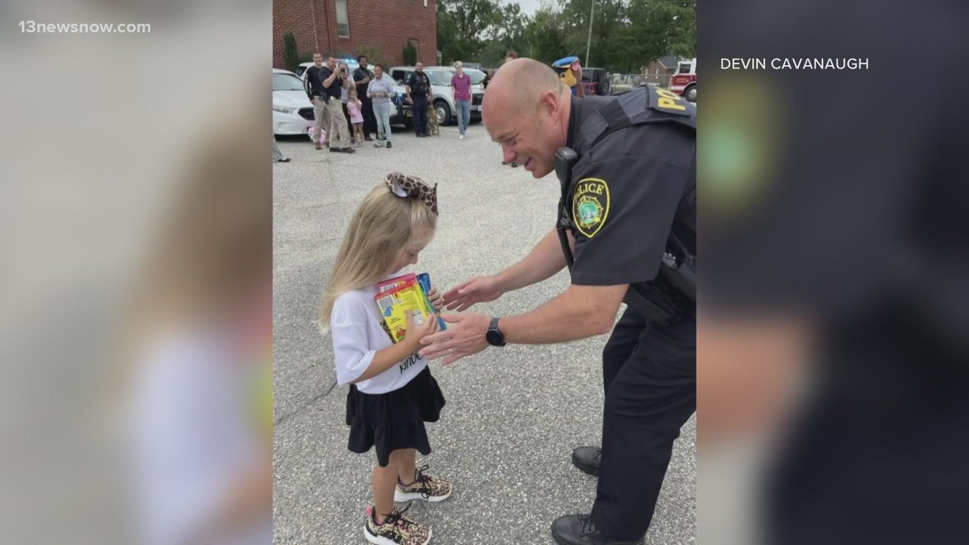 Members of the Newport News Police and Fire Departments showed up to wish Reagan Thyne good luck on the first day of kindergarten.