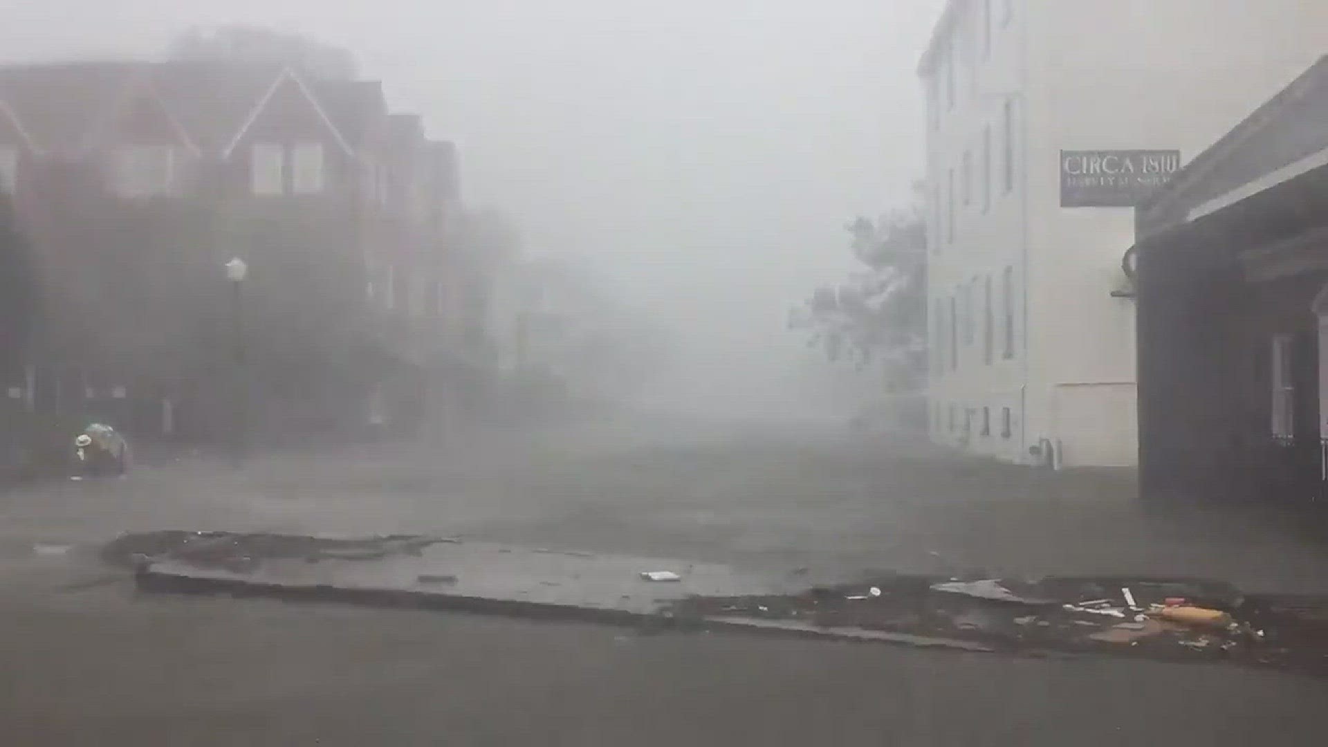 Storm chaser Cory Reppenhagan finds pounding rains and water pouring down Front Street in New Bern, N.C. on September 13, 2018 as Hurricane Florence hit the East Coast.