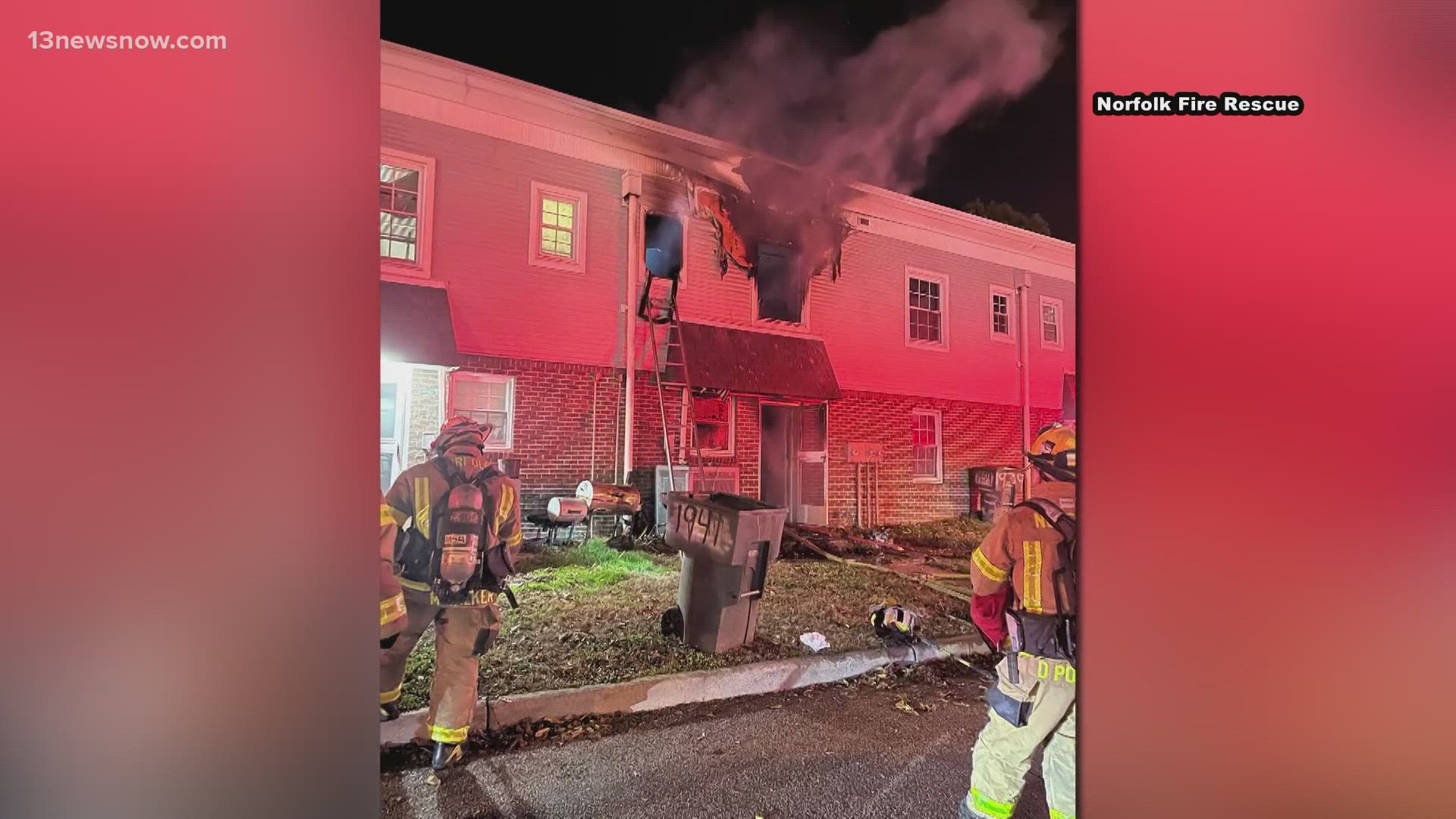 The Norfolk Fire Department says that a fire was reported at the 1900 block of Greenleaf Drive, off of Campostella Road just before 1 a.m. Friday.