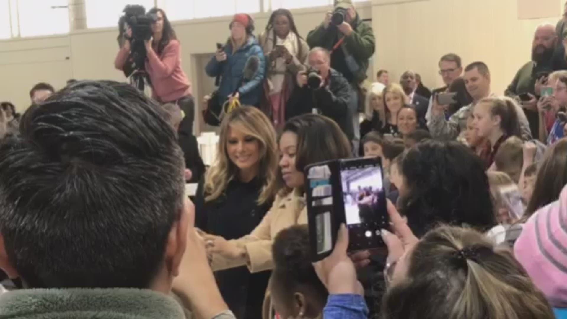 First Lady Melania Trump spent time with soldiers, airmen, and school children during her visit to Joint Base Langley-Eustis on December 12, 2018.