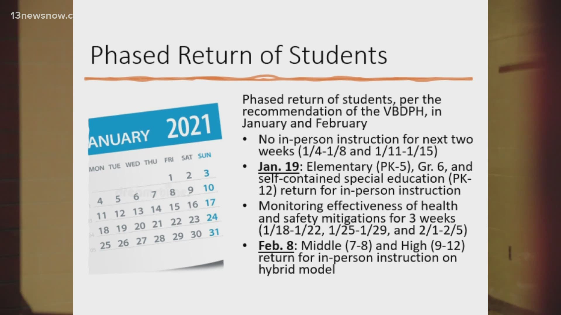 Under the plan, students in grades pre-K through 6th grade and select special education classes would be the first to return, beginning on January 19.