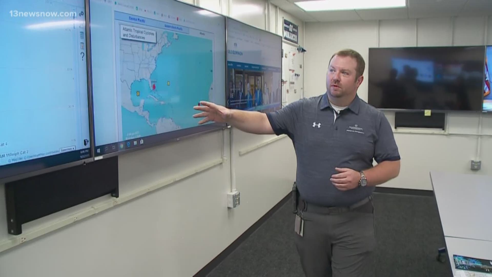 ODU's Office of Emergency Management treats the campus as its own city. In their office, they monitor Hurricane Dorian's projected track and potential areas that'll see impacts.