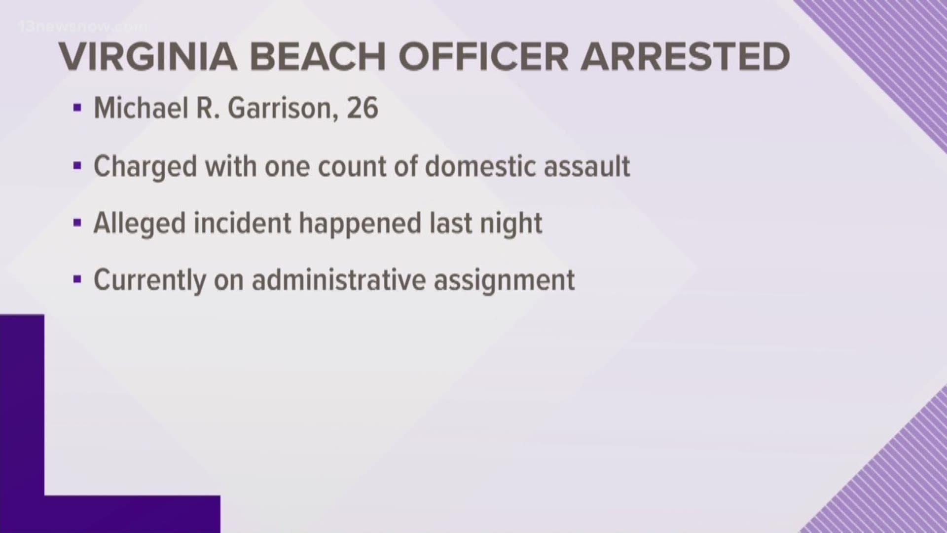 Michael R. Garrison, 26, was arrested following the alleged incident, which happened on December 31. He is on administrative leave while police investigate.