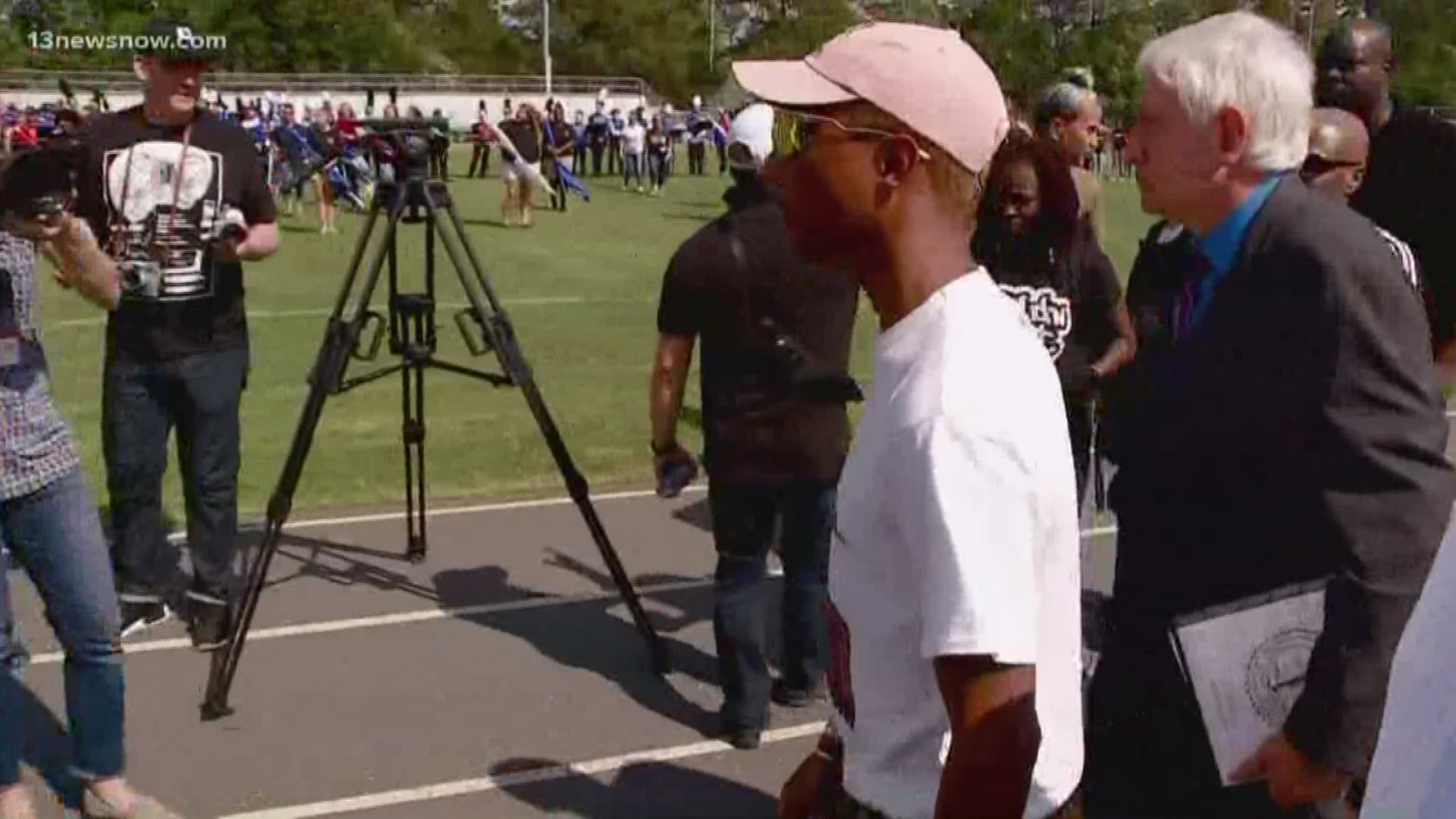 Pharrell Williams surprised kids participating in Battle of the Bands at Princess Anne High School.