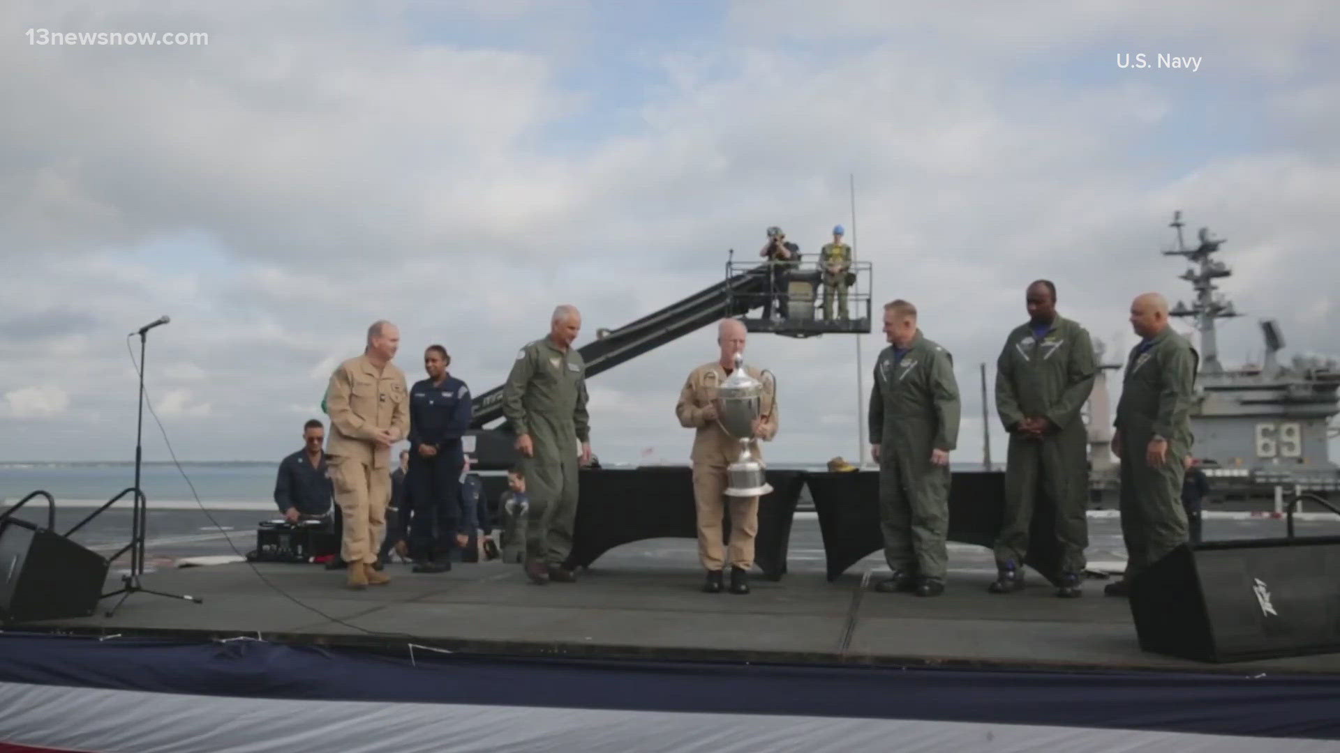 High honors go to the officers and sailors of the aircraft carrier USS Gerald R. Ford.