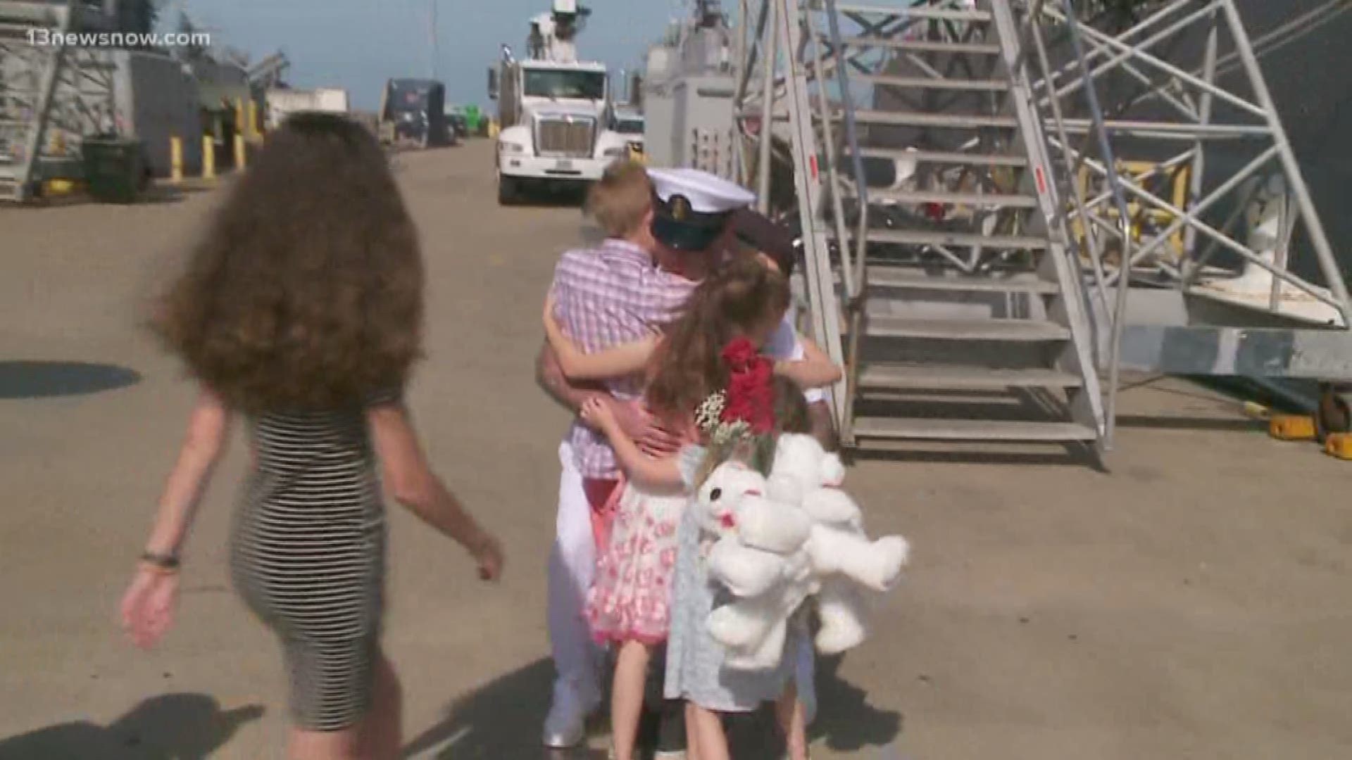 The guided-missile destroyer USS Mitscher returns to Norfolk following a seven-month deployment.