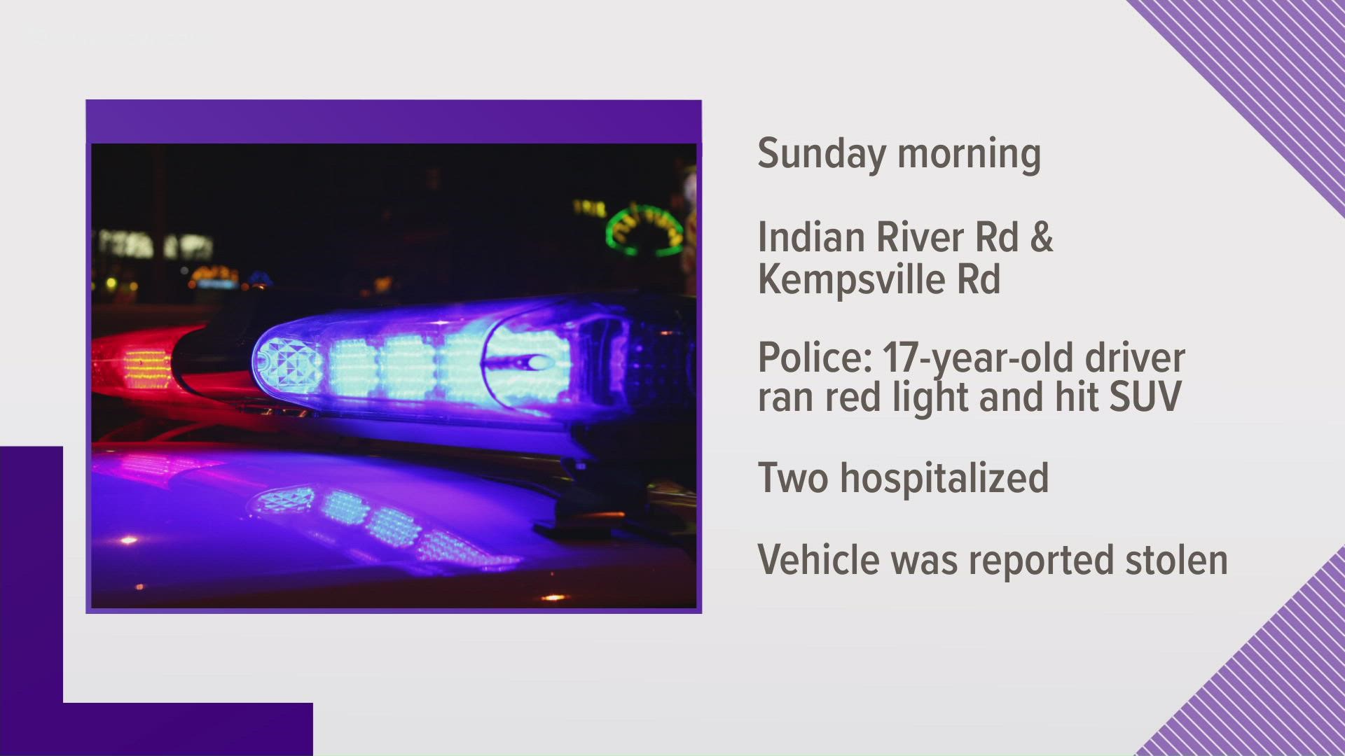 Virginia Beach police said a crash at the intersection of Indian River Rd. and Kempsville Rd. sent two people to the hospital. A 17-year-old was charged.