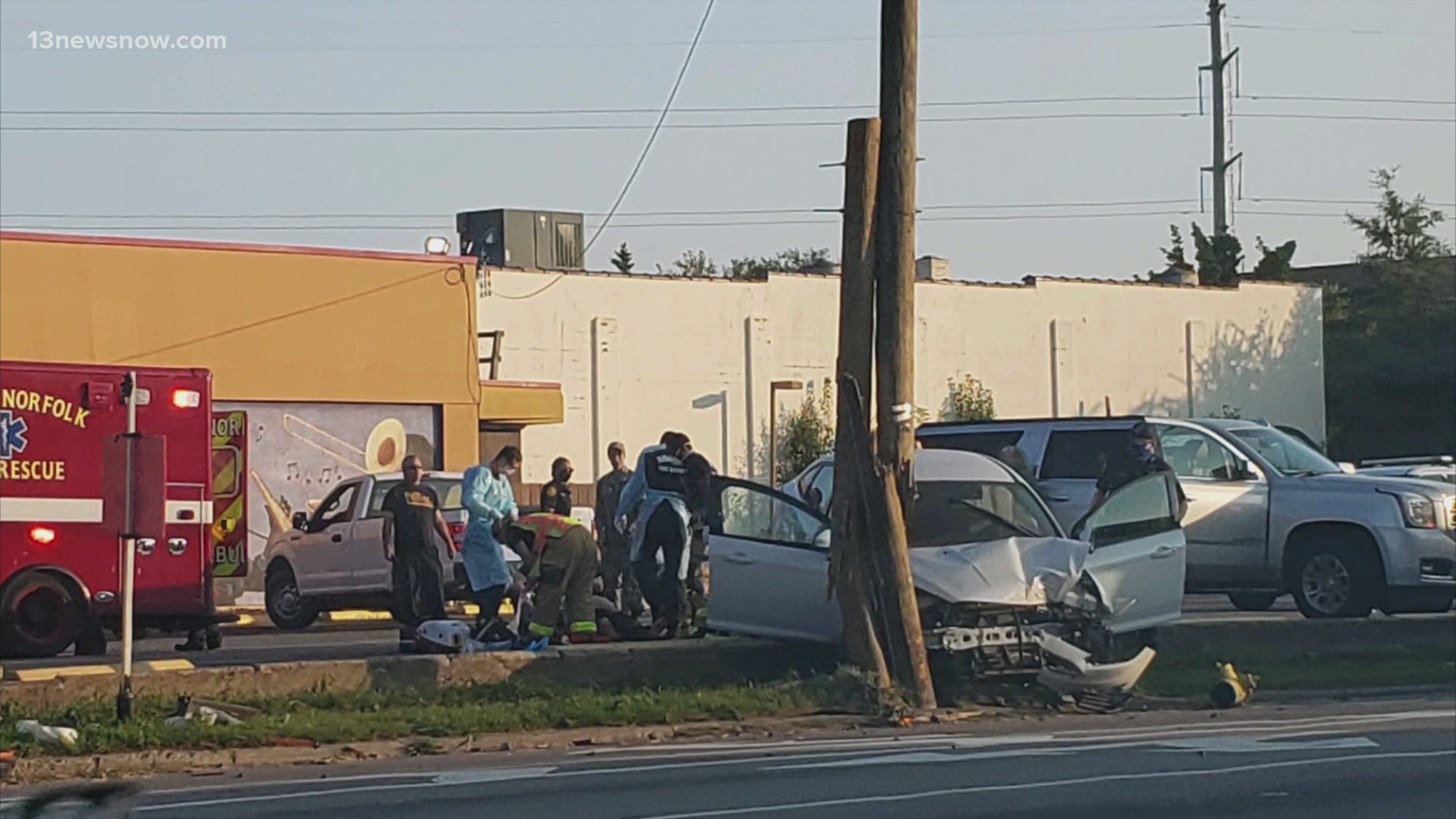 A car crash on Hampton Boulevard and West Little Creed Road left a man with life-threatening injuries.