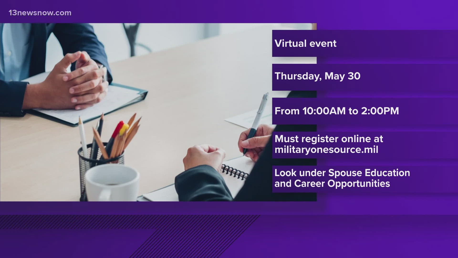 The Department of Defense is hosting a virtual hiring fair for military spouses, to help them connect with hiring managers and representatives.