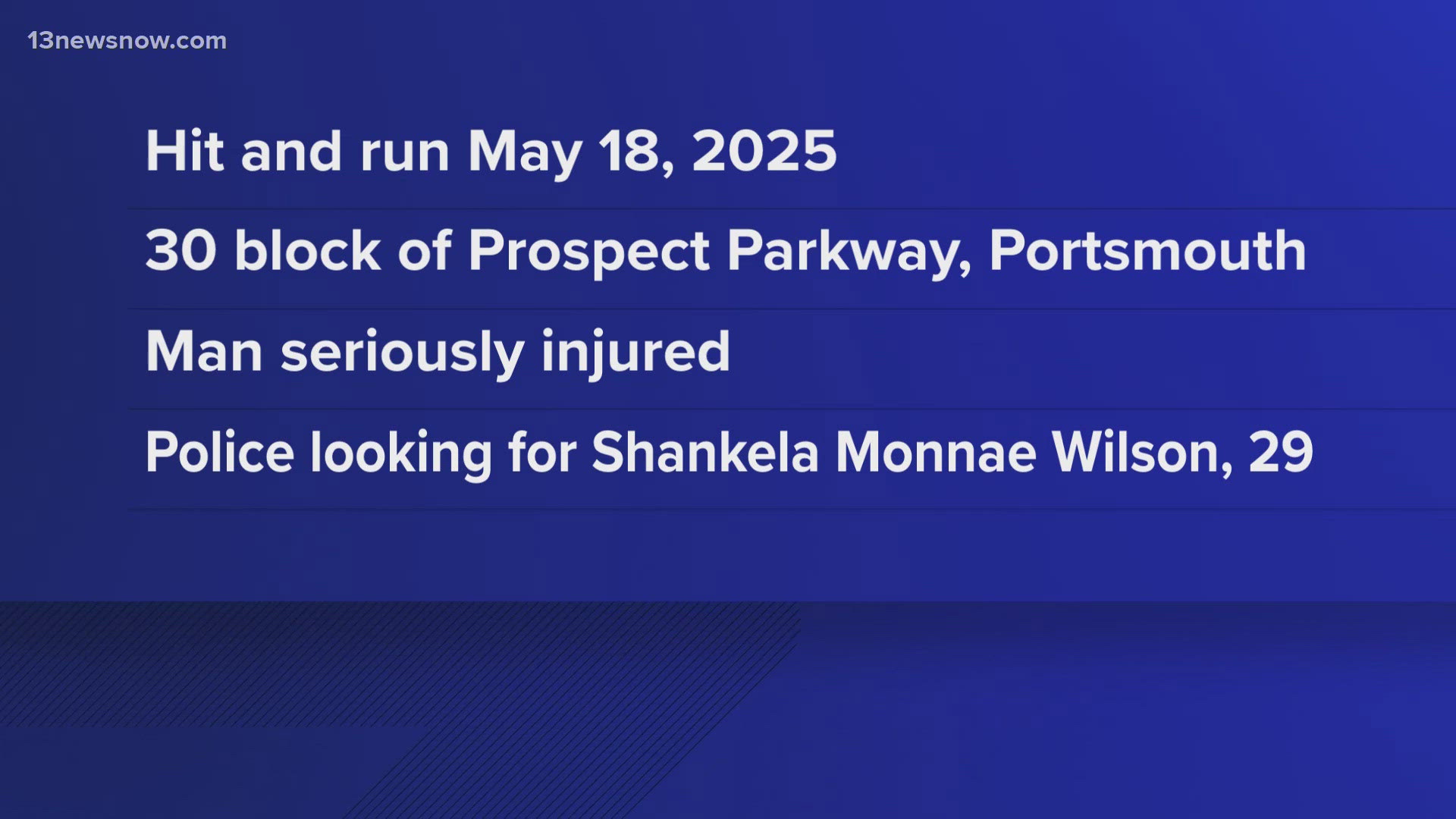 Portsmouth police are asking for the public's assistance in locating 29-year-old Shankela Monnae Wilson in connection to a May hit and run.