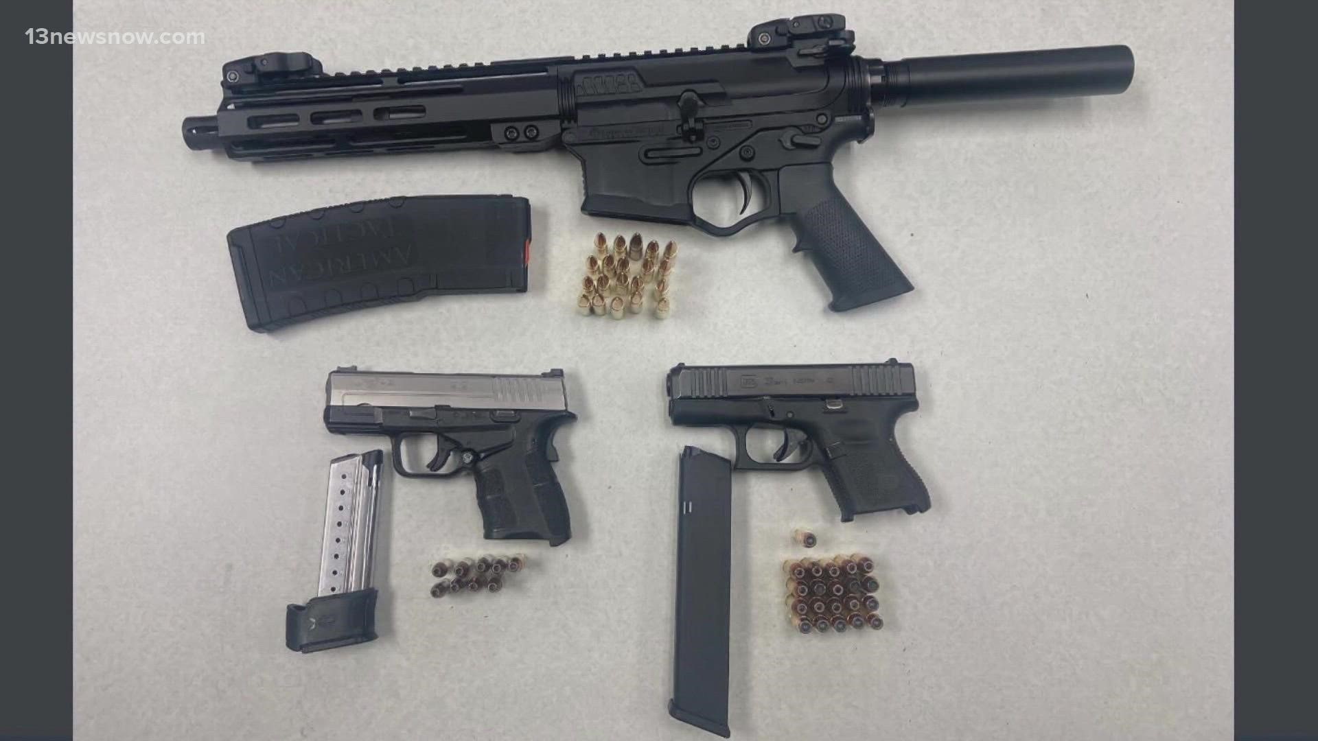 The Virginia Beach Police Department said officers confiscated five guns, bags of marijuana and edibles Saturday night after they pulled over several people.