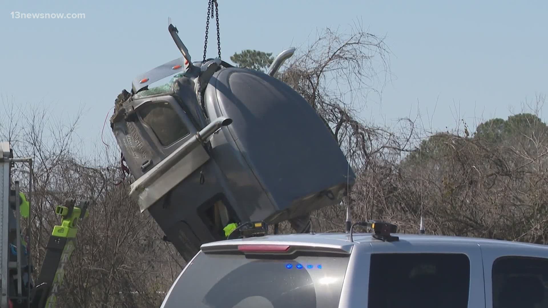 A dump truck caught fire after being rear-ended by a tractor trailer on I-464. Two people were hurt, but they're expected to recover. 13News Now Evan Watson has more