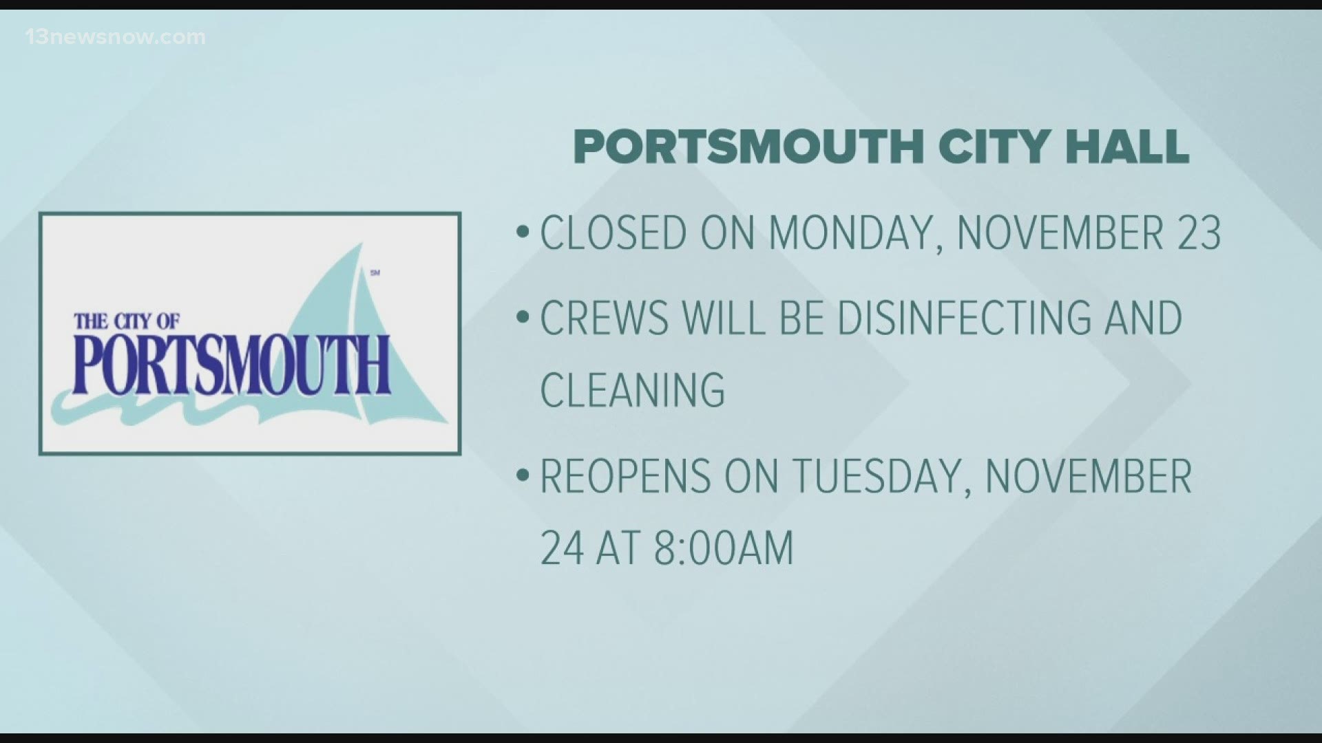 Portsmouth City Hall will be closed Monday, Nov. 23 for enhanced cleaning due to COVID-19.